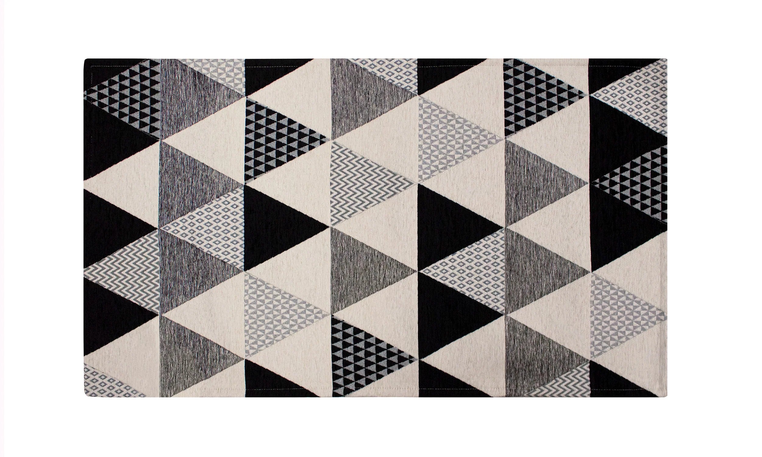 TAPPETO ARREDO TRIANGOLI CON ANTISCIVOLO, moderno, morbido, resistente, con disegno geometrico in bianco e nero.