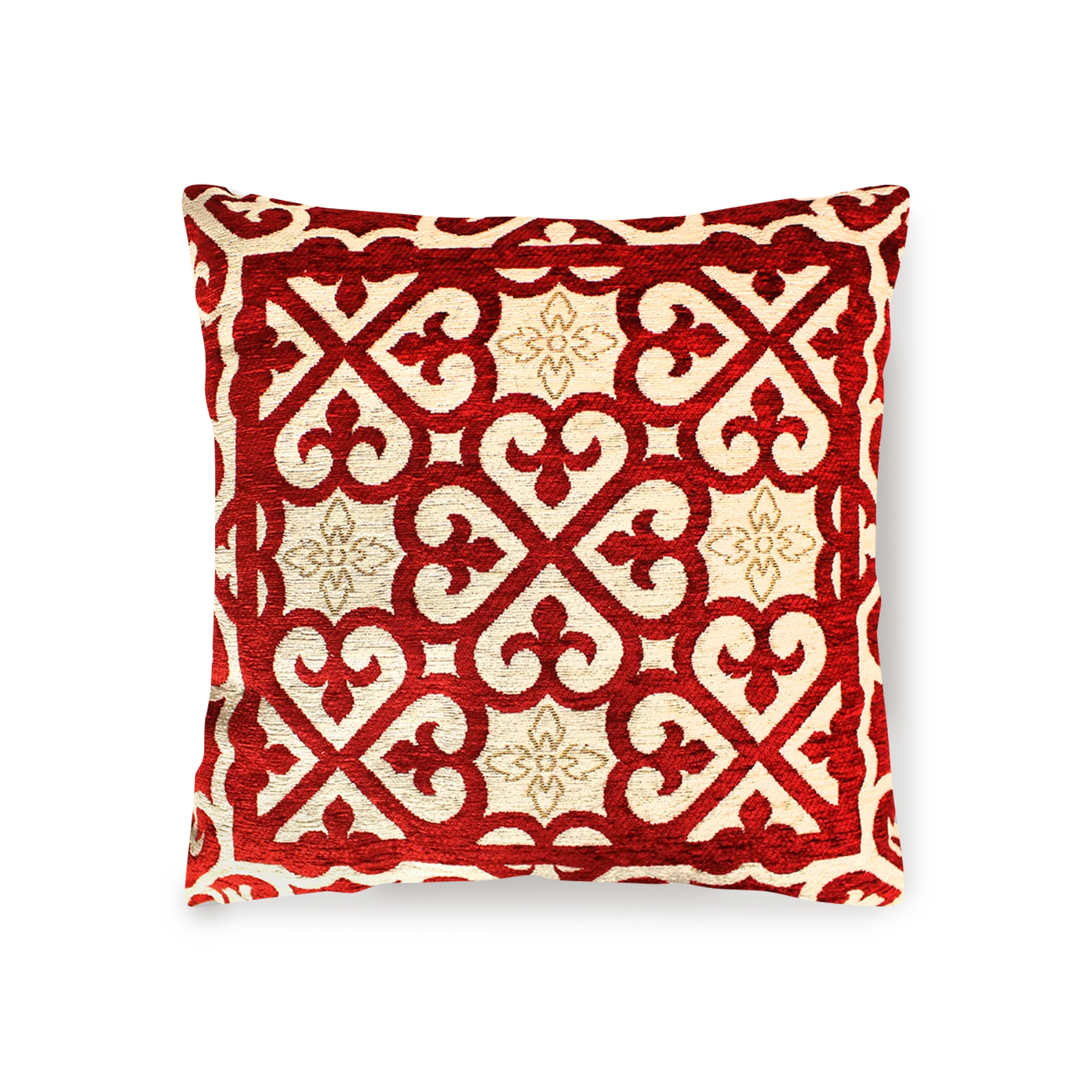 COPPIA CUSCINI ARREDO JACQUARD SFODERABILI ARABIC con design elegante in jacquard rosso e beige.