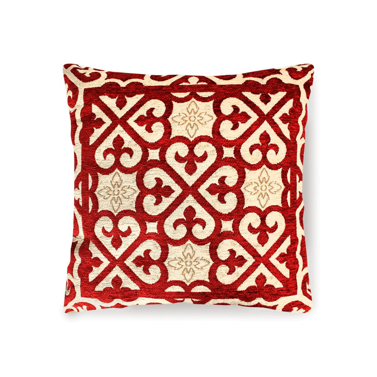 COPPIA CUSCINI ARREDO JACQUARD SFODERABILI ARABIC con design elegante in jacquard rosso e beige.