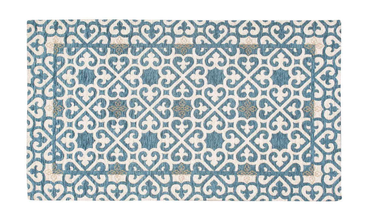 TAPPETO ARREDO DIS.ARABIC CON ANTISCIVOLO con design vivace e dettagli scolpiti in blu e bianco.