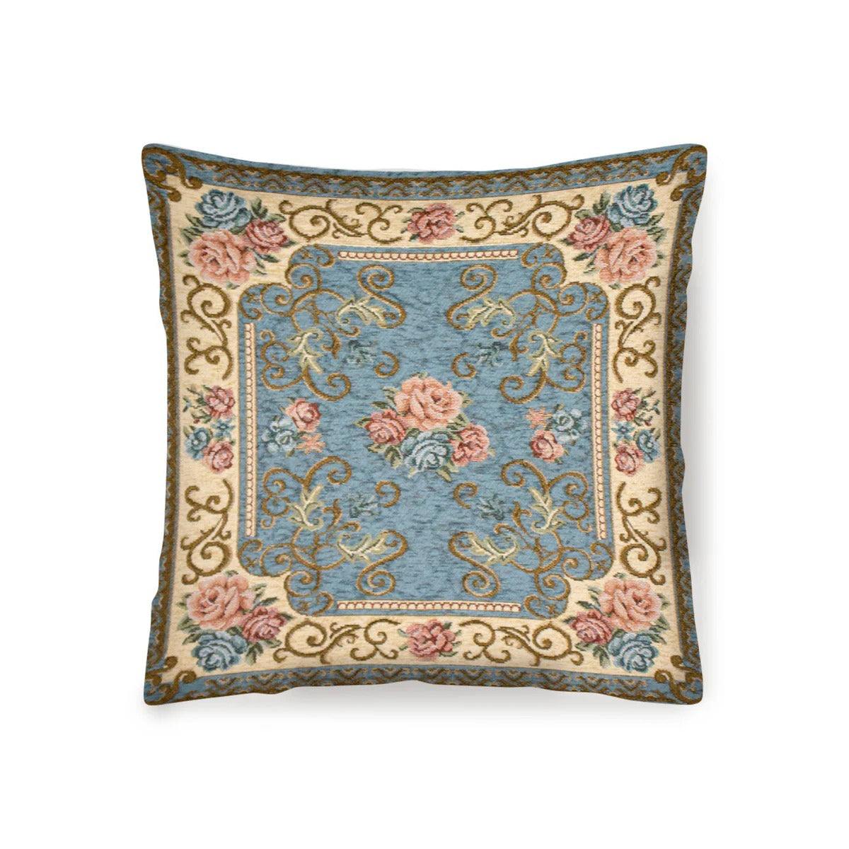 Cuscino arredo jacquard sfoderabile blu con motivo floreale, parte della collezione TAPPETO ARREDO DIS.VIENNA.