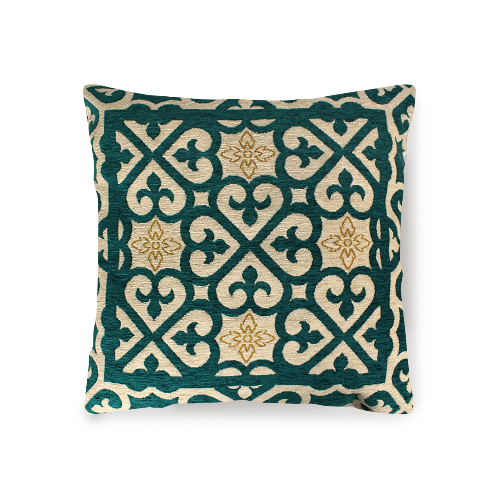 COPPIA CUSCINI ARREDO JACQUARD SFODERABILI ARABIC con elegante motivo geometrico in tonalità verdi e oro.