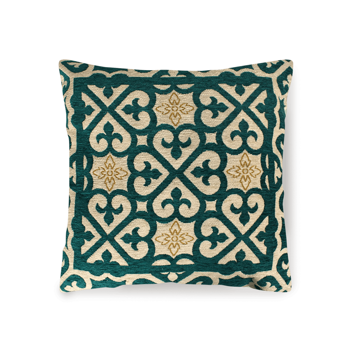 COPPIA CUSCINI ARREDO JACQUARD SFODERABILI ARABIC con elegante motivo geometrico in tonalità verdi e oro.