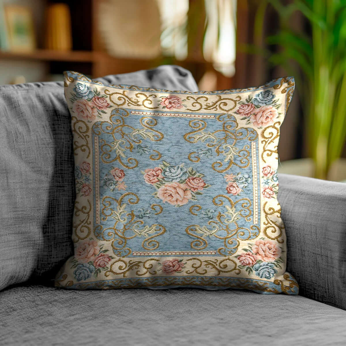 COPPIA CUSCINI ARREDO JACQUARD SFODERABILI VIENNA decorative cushion on a sofa with floral jacquard design.