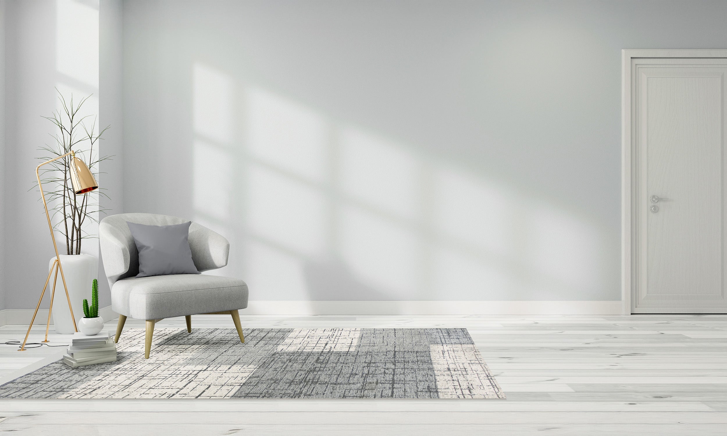 Cozy living room with geometric rug, modern chair, and sunlight casting shadows on the wall.