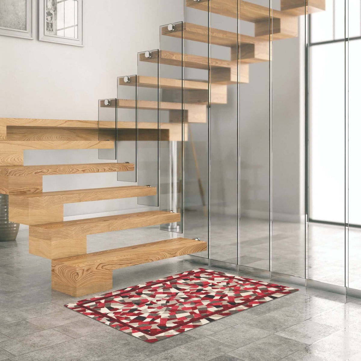 TAPPETO DA CUCINA DIS.MOSAICO CON ANTISCIVOLO posizionato sotto una scalinata moderna in legno.