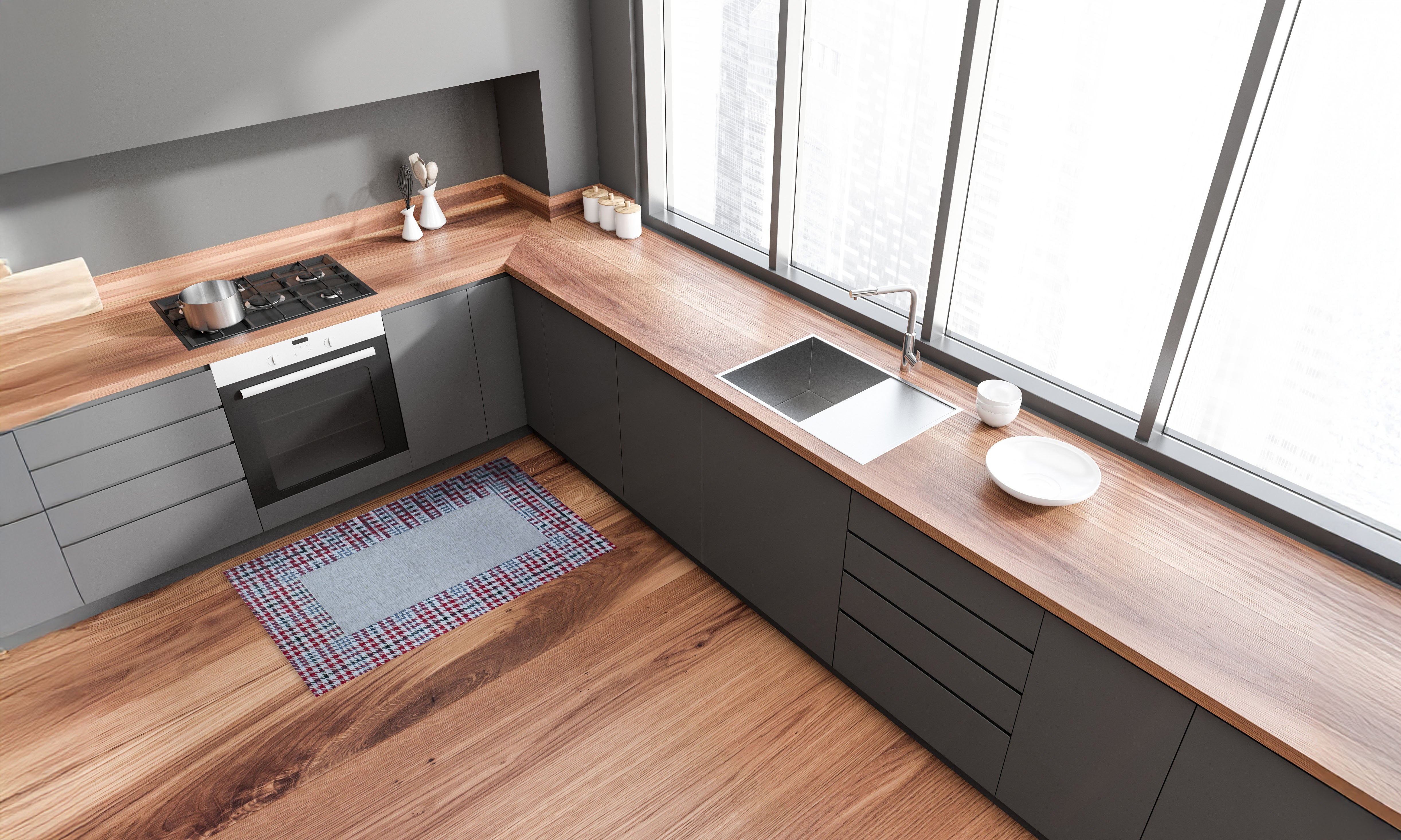 Modern kitchen with a non-slip Oxford kitchen rug in latte hue, showcasing vibrant design on a wooden floor.