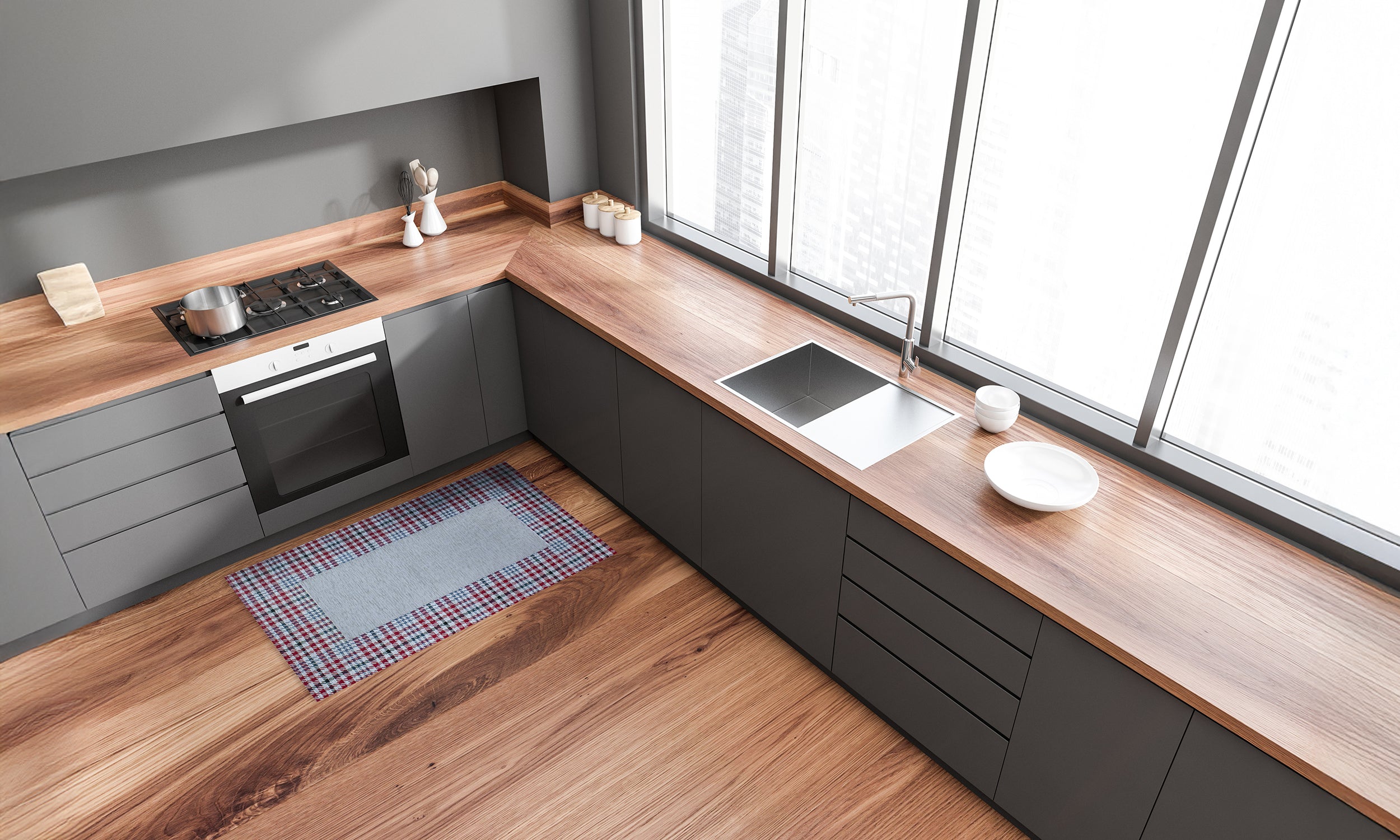 Modern kitchen with gray cabinets featuring a stylish anti-slip rug in pearl gray, enhancing the aesthetic.