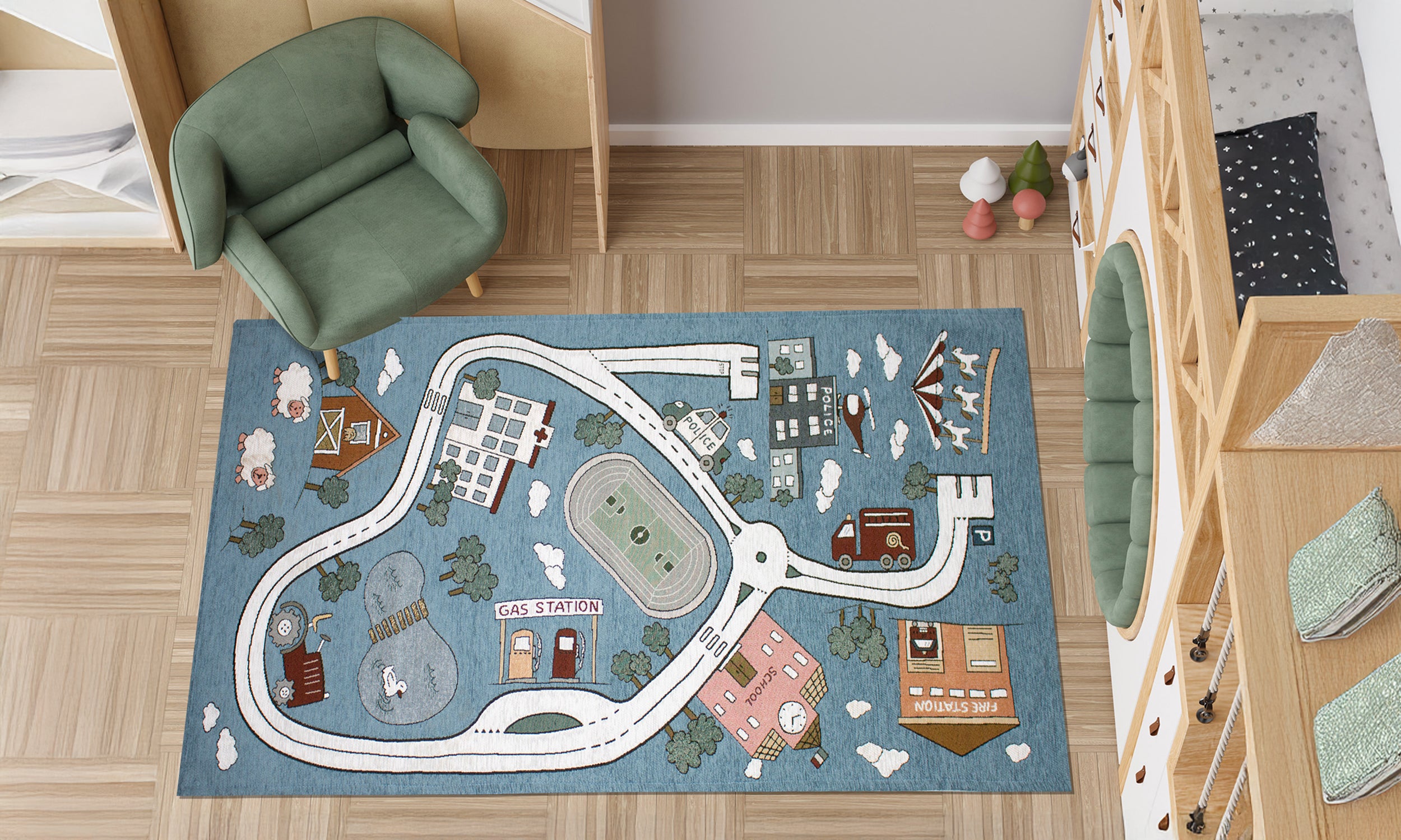 Colorful playroom rug with a road and illustrated buildings, perfect for children's rooms.