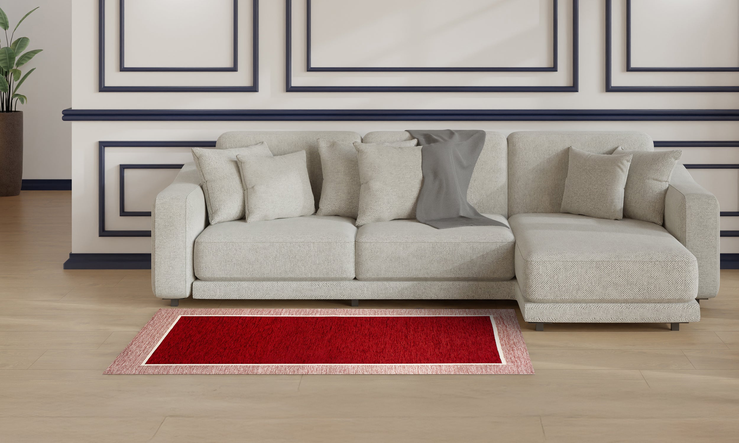 Modern red Tappeto Arredo Dis.Roma rug positioned in a stylish living room with a cozy sofa.