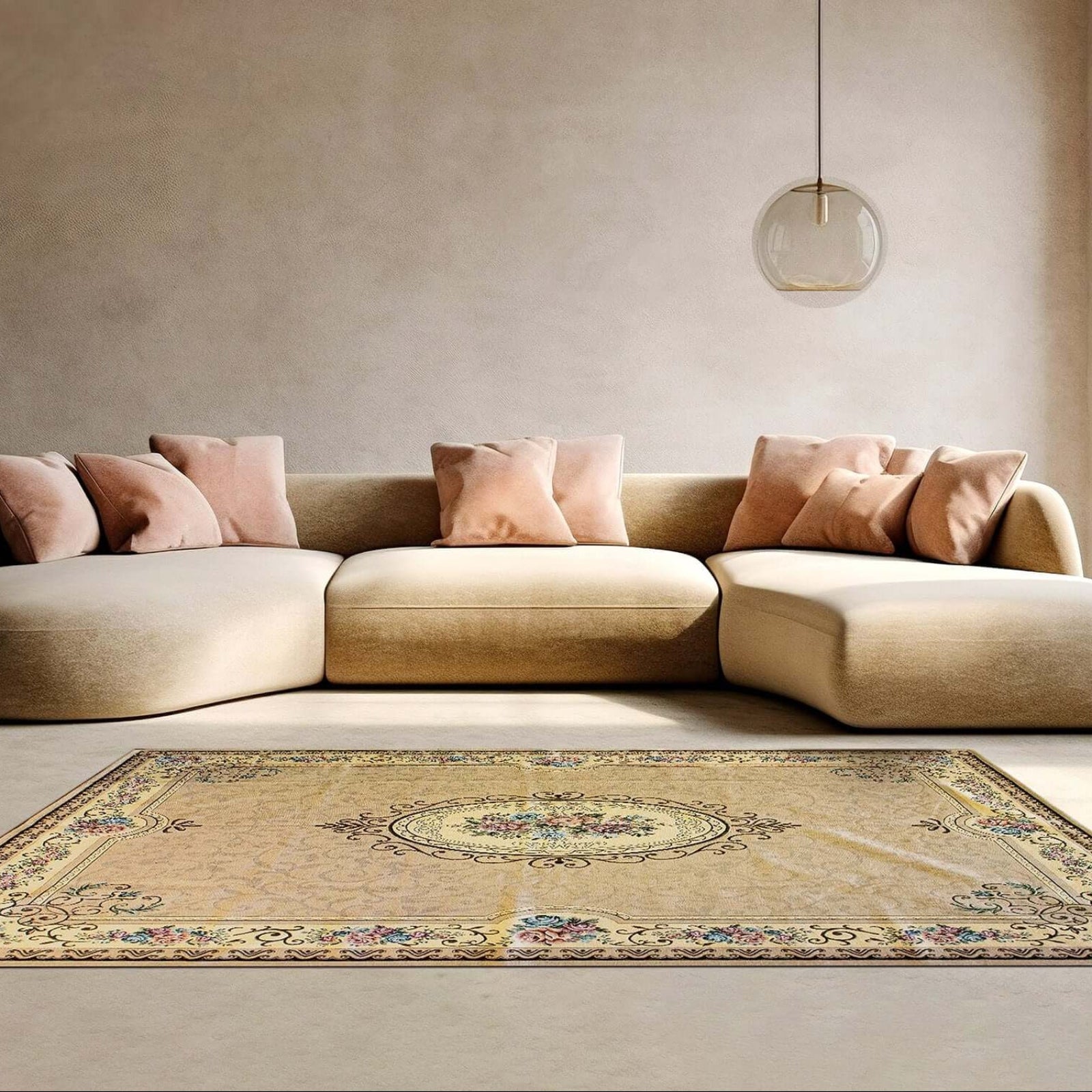 Elegant vintage beige rug in a modern living room with cozy sofa and soft pink cushions.