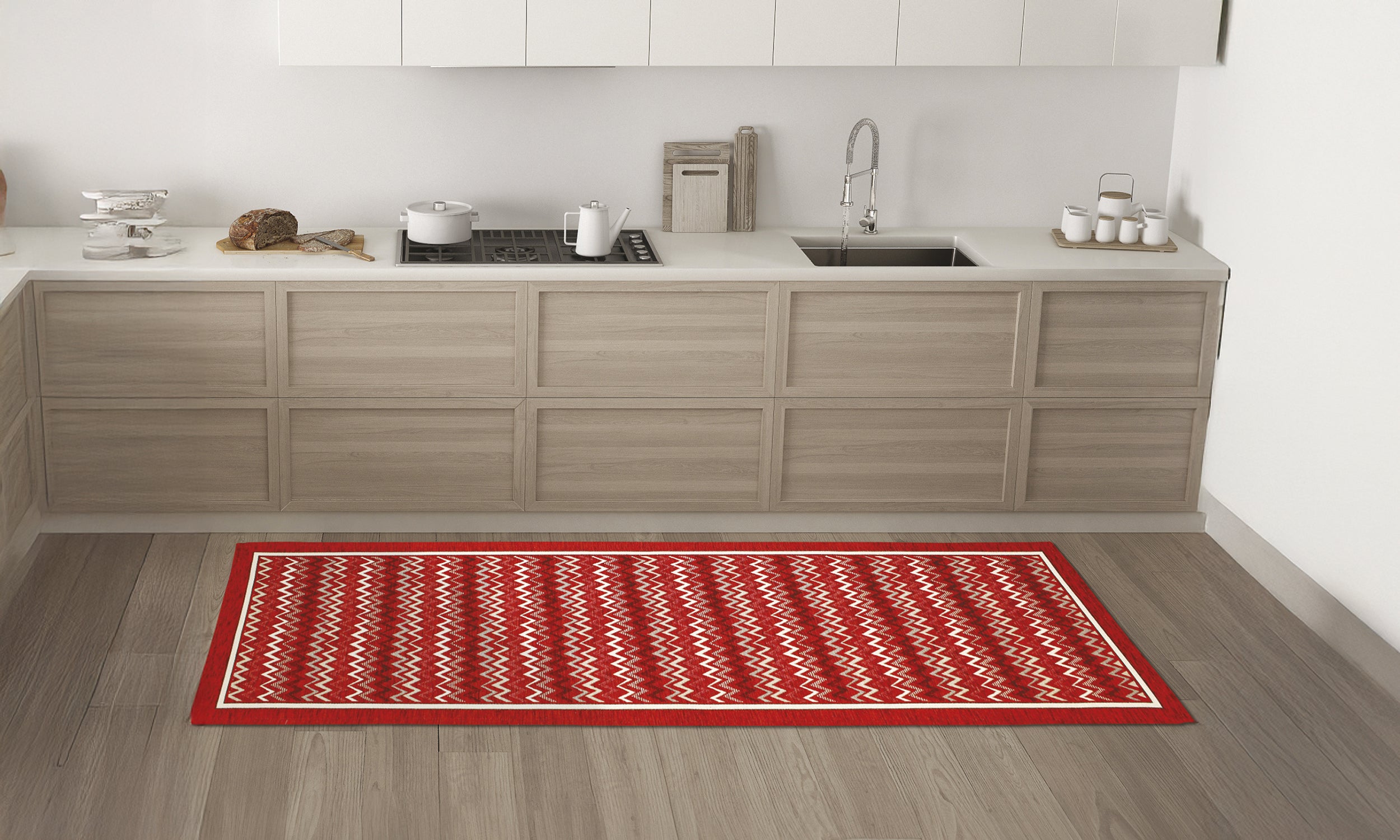 TAPPETO DA CUCINA DIS.ZIG ZAG CON ANTISCIVOLO in cucina moderna con pavimento in legno e arredamento chiaro.