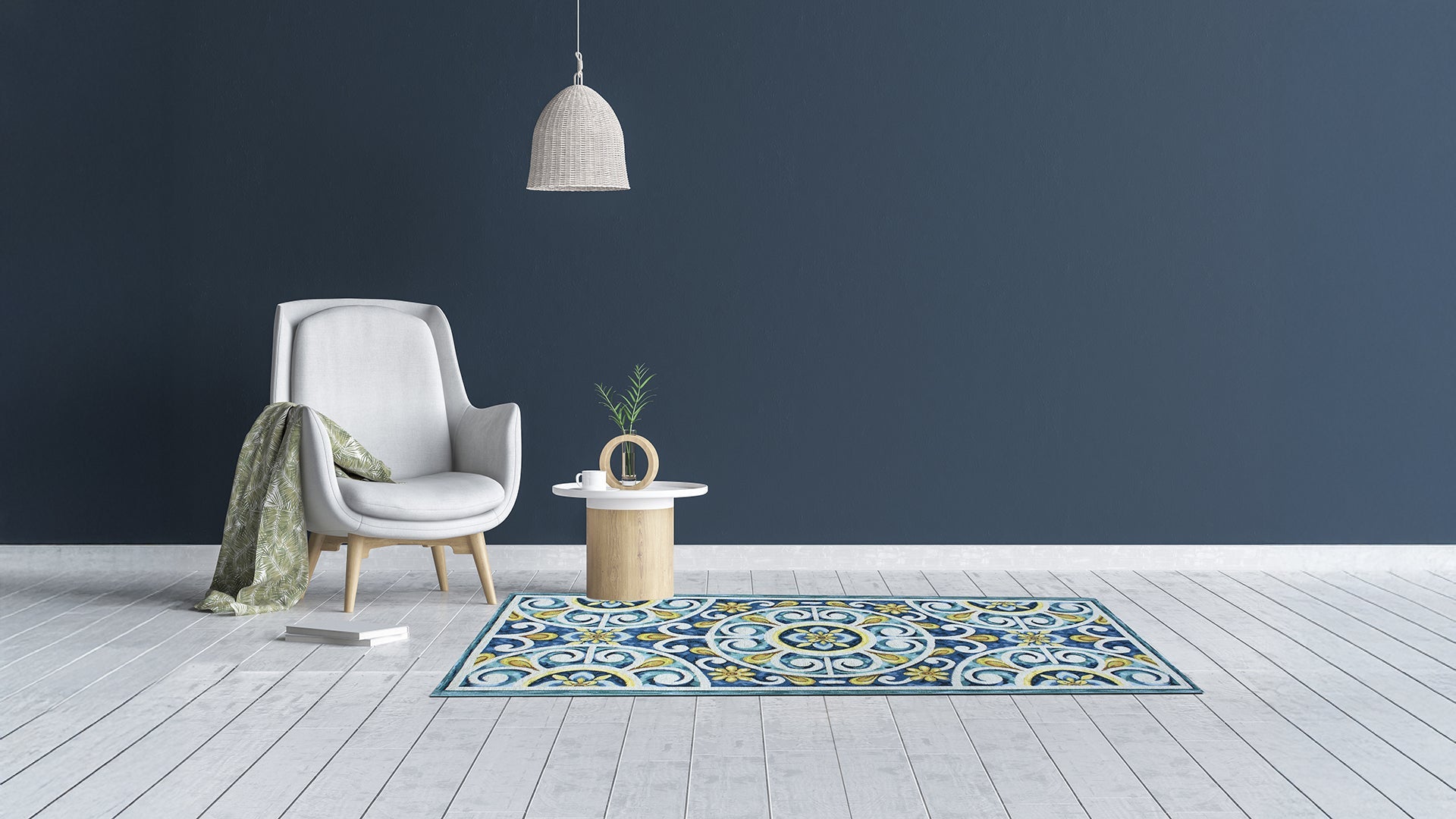 Stylish living room featuring a decorative rug from the Andalusia collection, accent chair, and pendant light.