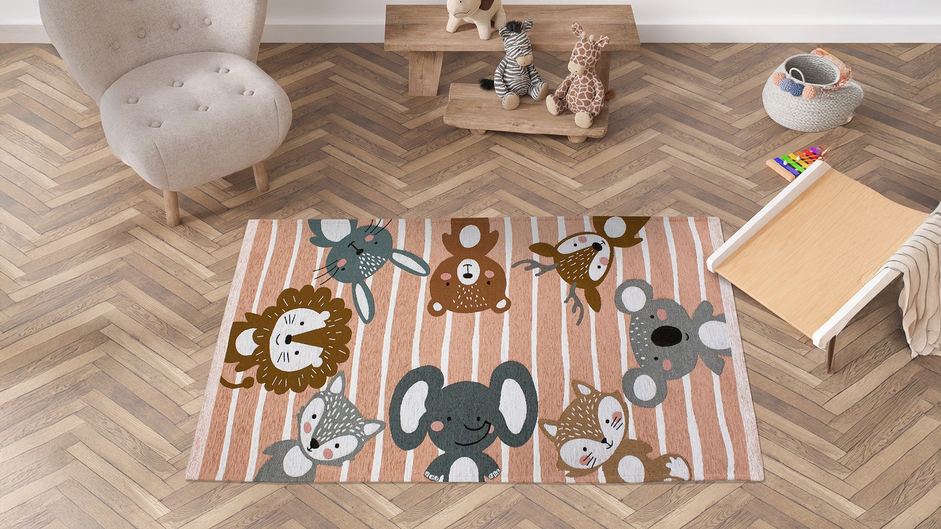 Colorful children's rug featuring playful animal designs in a cozy living space, ideal for playrooms.