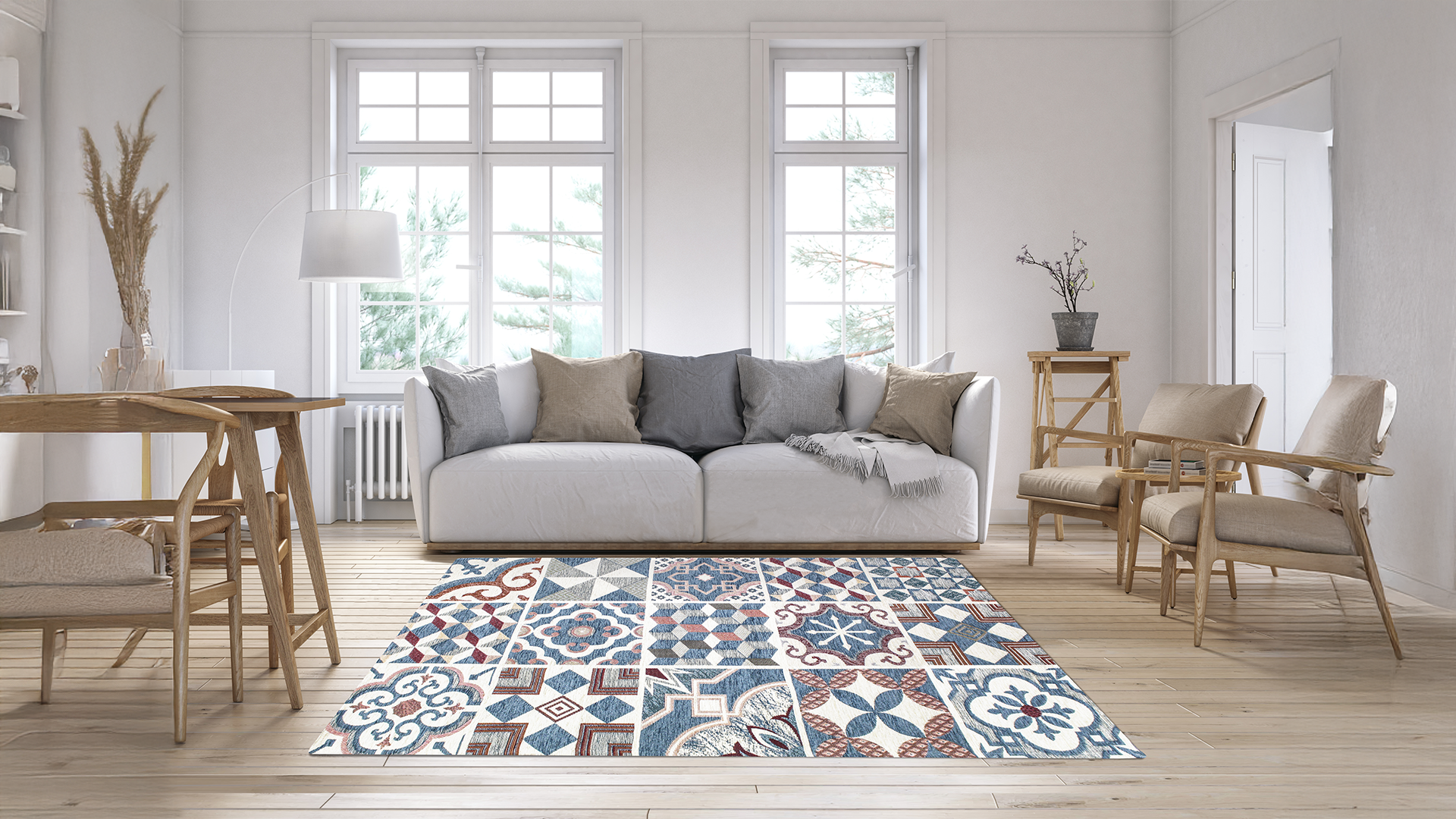 Elegant living room featuring a patterned area rug, modern sofa, and wooden furniture in a bright, airy space.