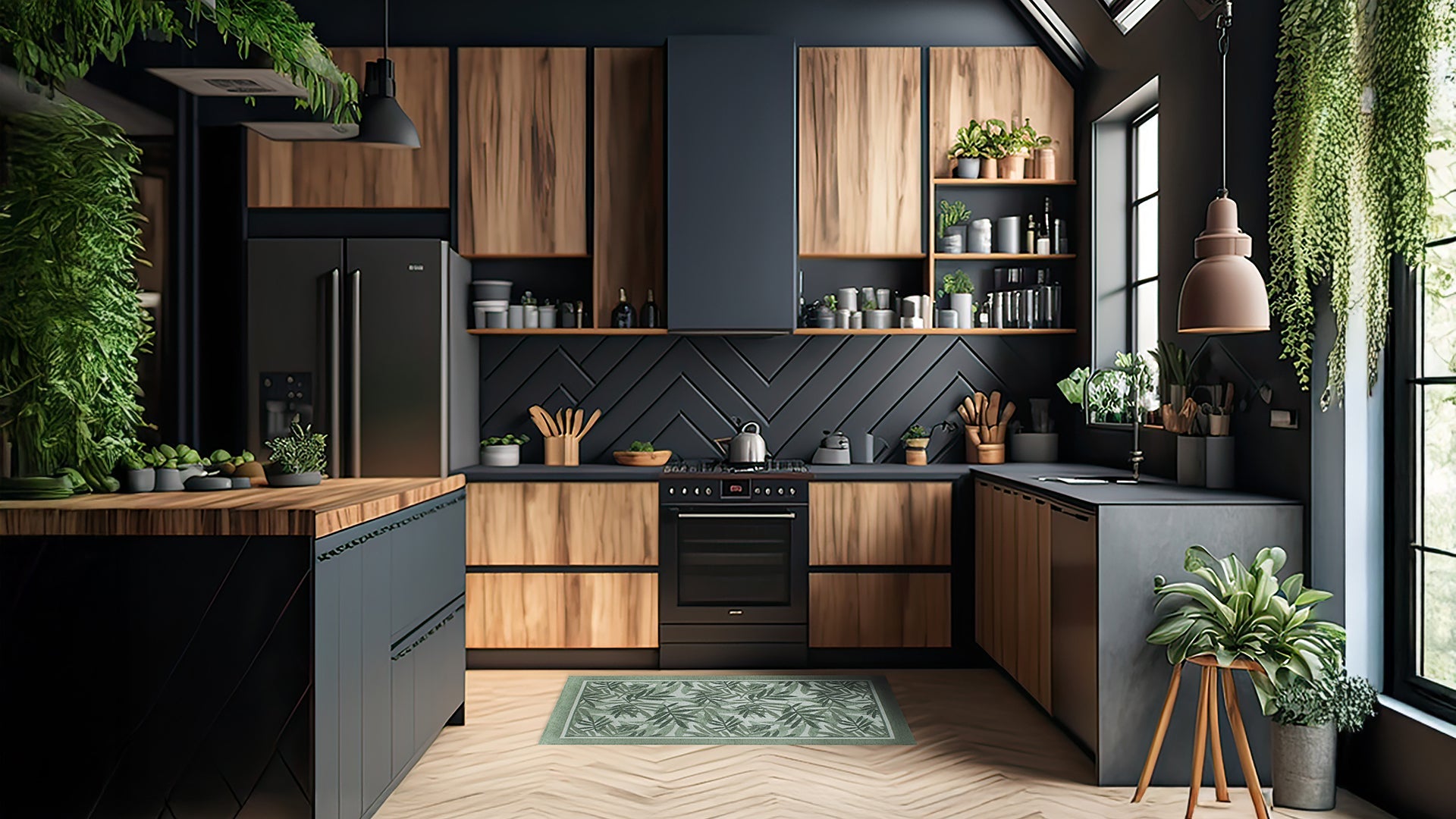 Modern kitchen design featuring bamboo accents, wooden cabinets, and lush green plants for a natural aesthetic.