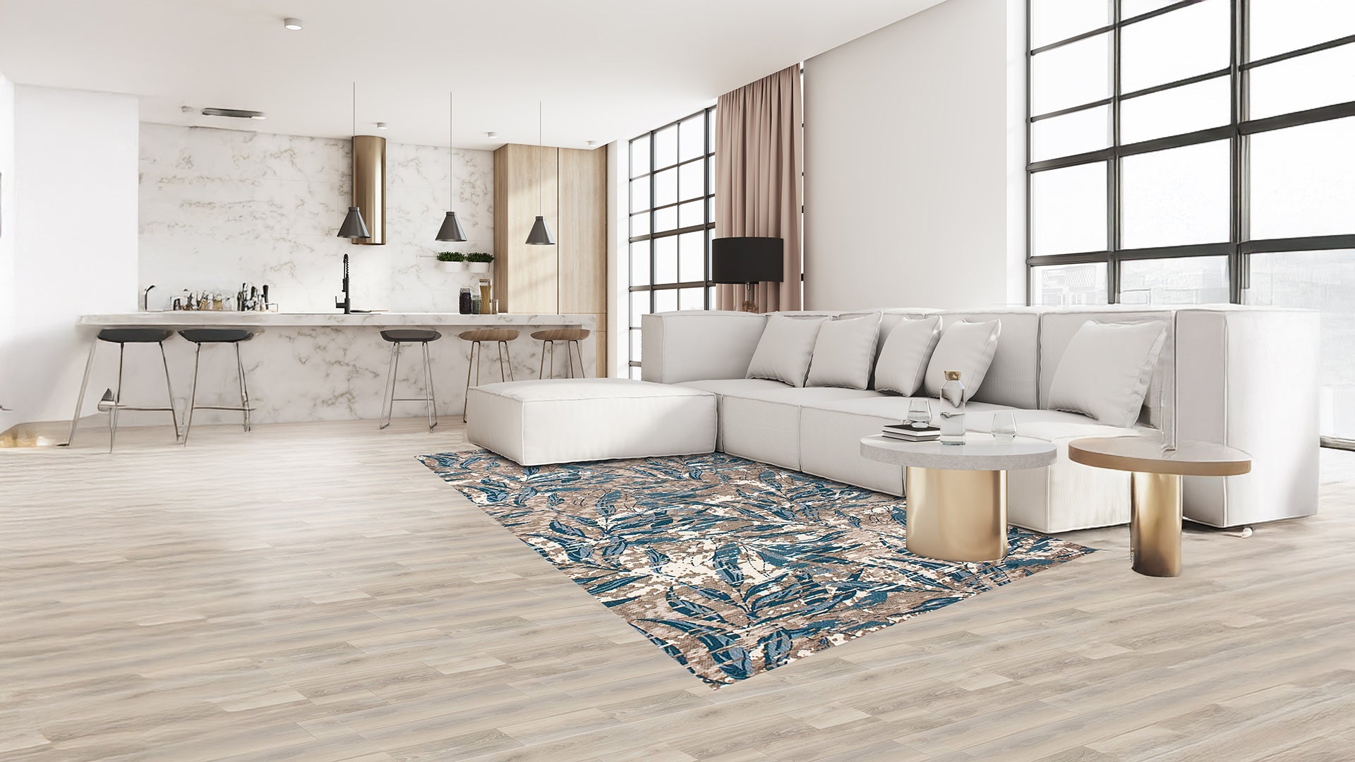 Modern living room featuring a stylish white sofa, elegant rug, and sleek bar area with contemporary decor.