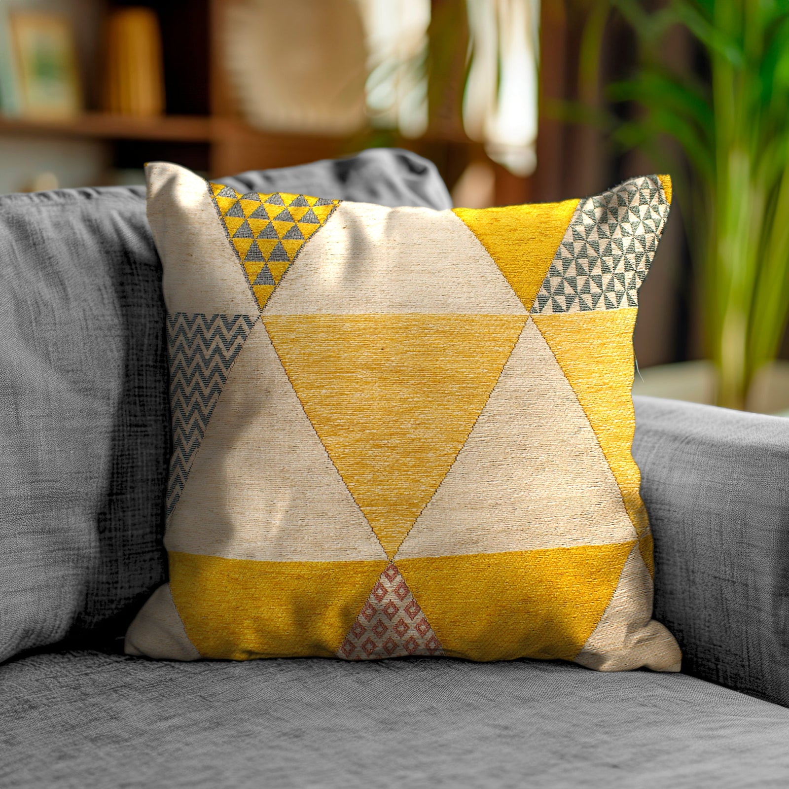PAAR JACQUARD-DEKOKISSEN MIT ABNEHMBARER BEZUG 50X50 CM SENFGELBE DREIECKE