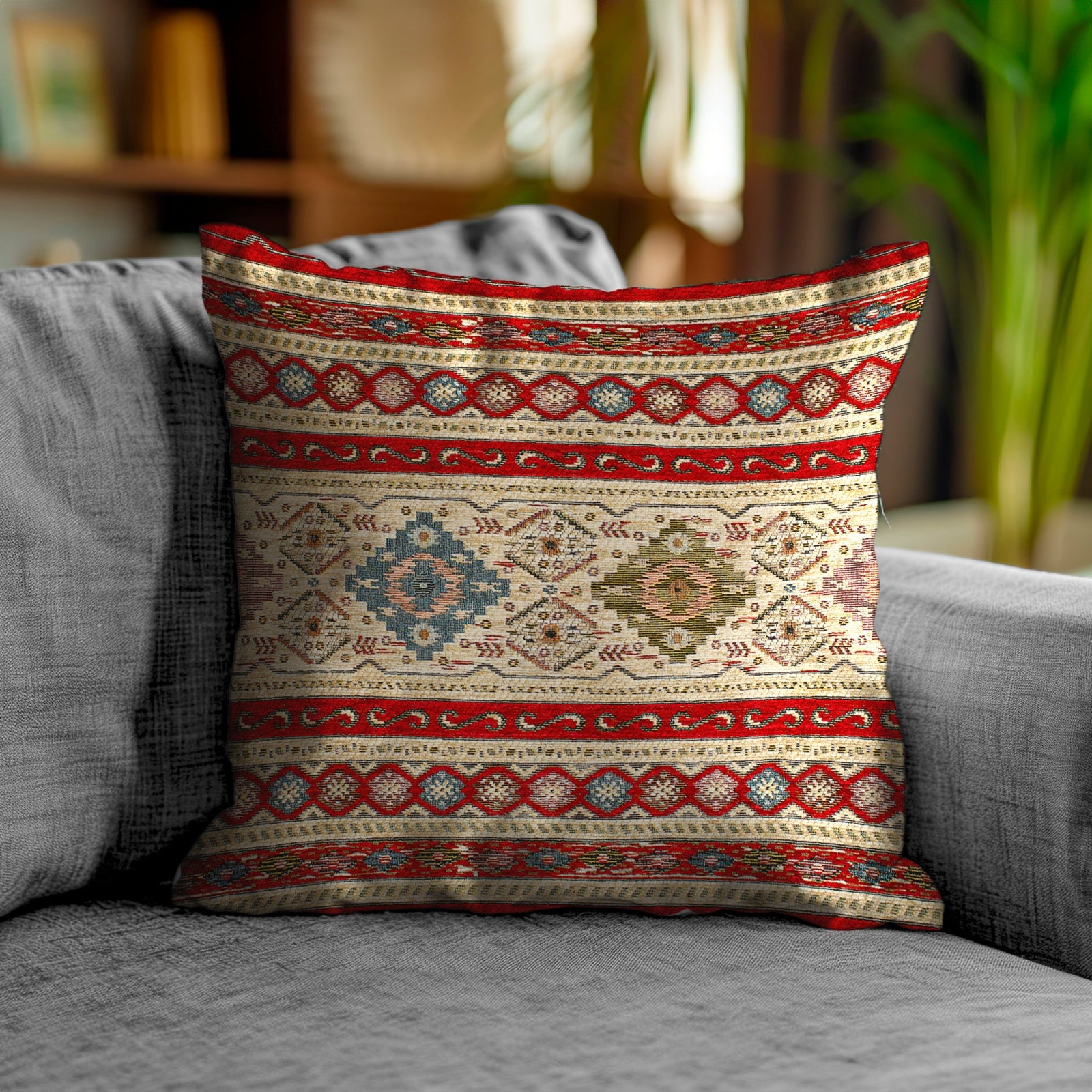Jacquard decorative cushion in red and neutral tones on a gray sofa, ideal for home decor.