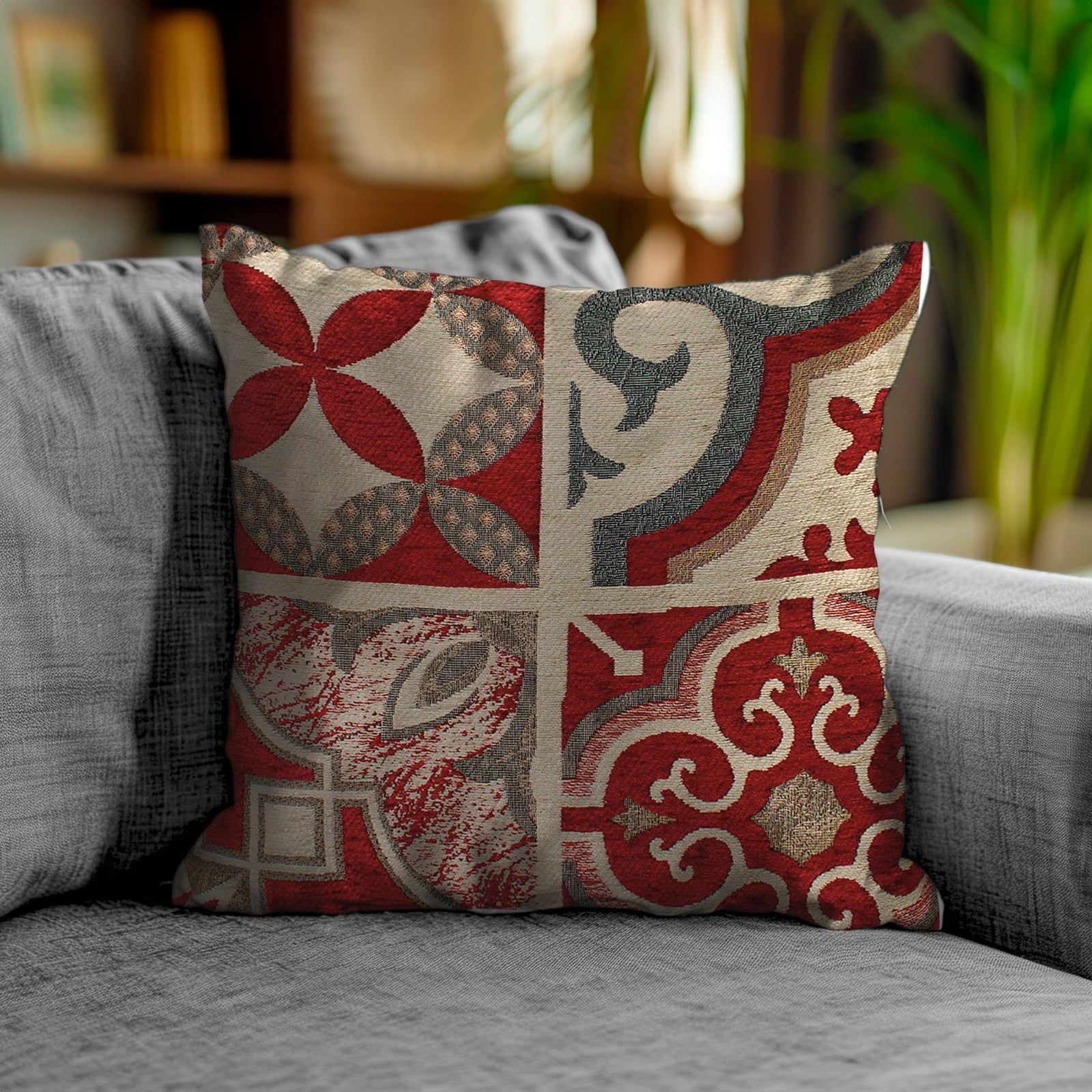 Decorative 50x50 cm Jacquard cushion with red and patterned design on a grey couch.