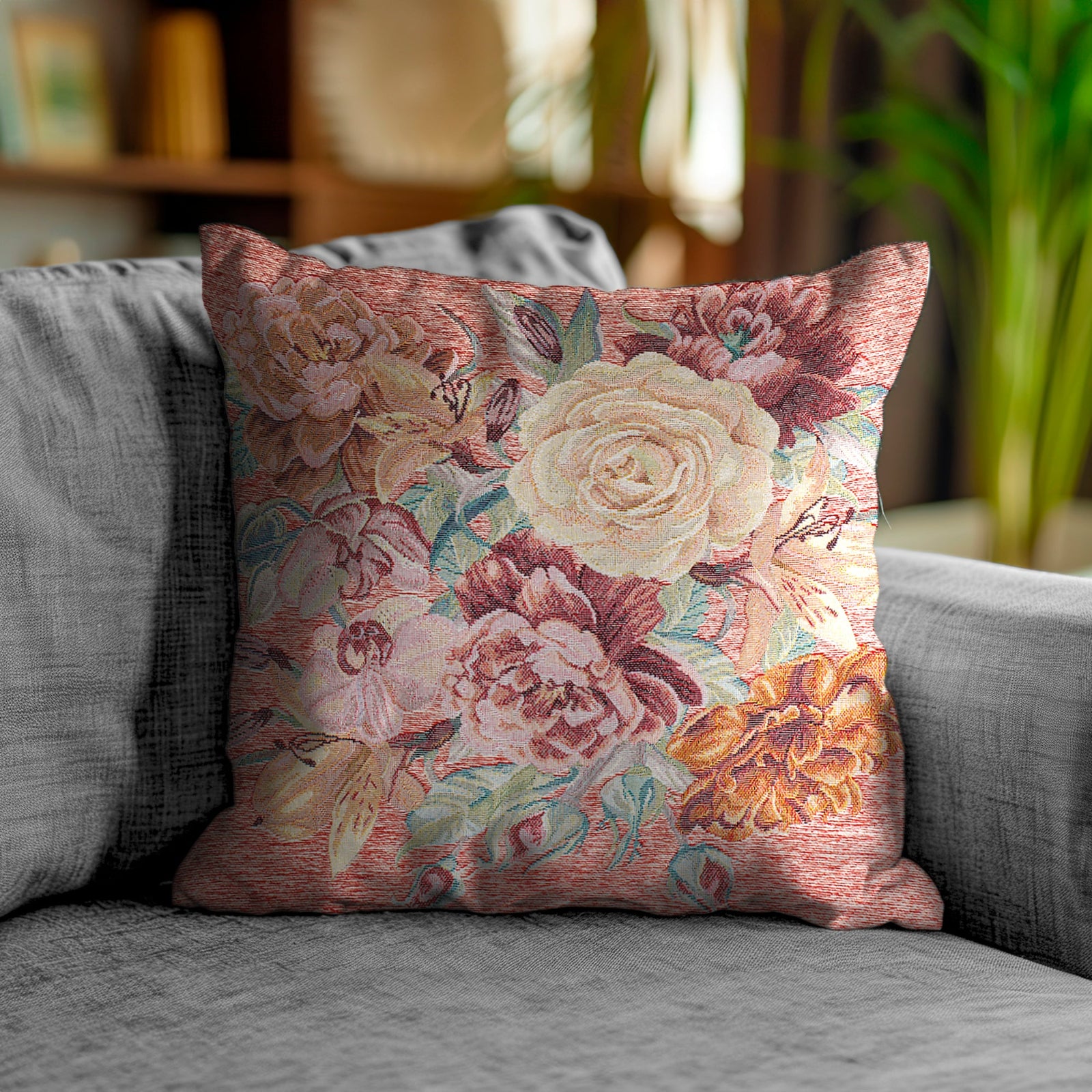 PAAR JACQUARD-DEKOKISSEN MIT ABNEHMBARER BEZUG 50X50 CM ROSEN ROT