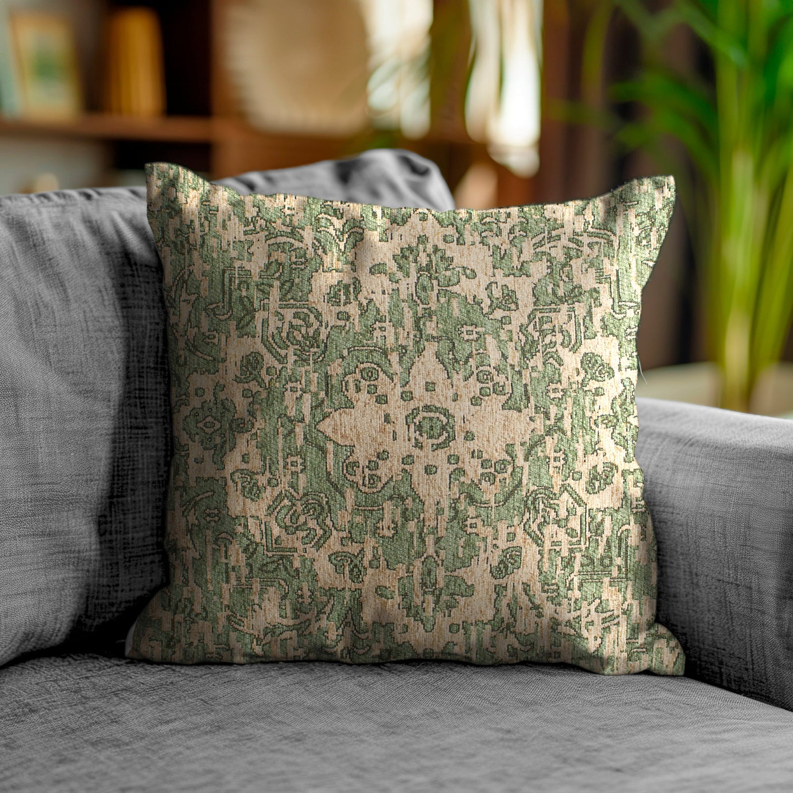 Decorative 50x50 cm Jacquard cushion in antique green color, perfect for home styling and comfort.