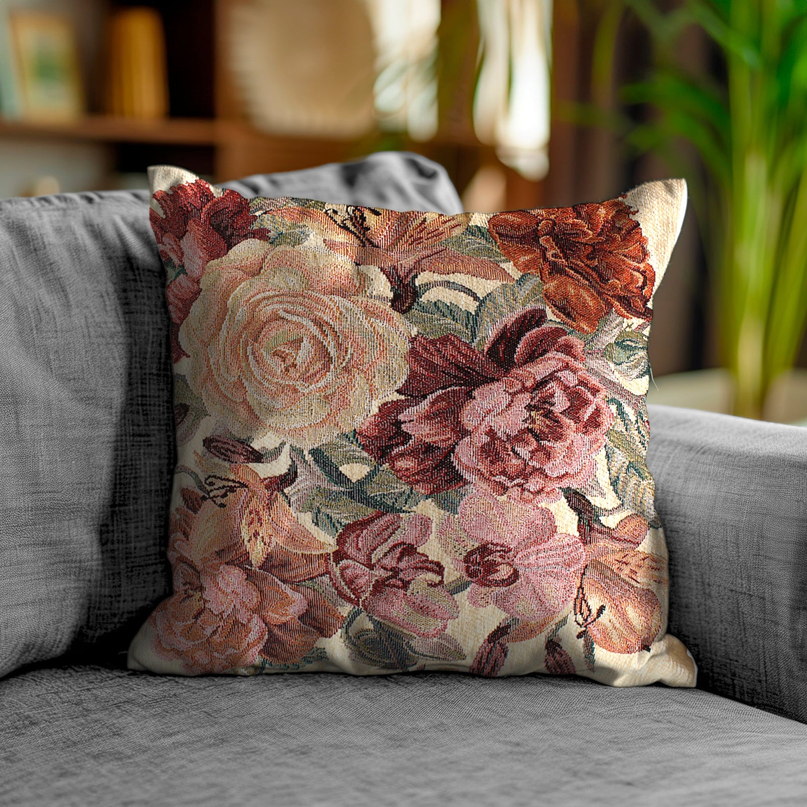 PAAR JACQUARD SOFAKISSEN ABNEHMBAR 50X50 CM ROSEN WILDLEDEROPTIK