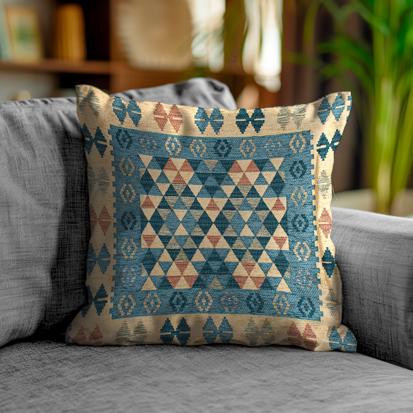 Decorative blue and beige jacquard cushion featuring geometric patterns, placed on a cozy sofa.