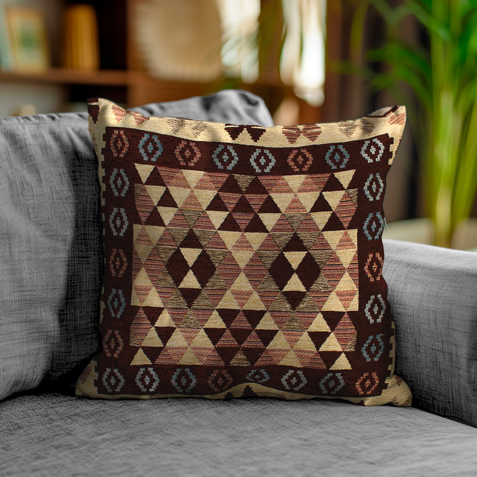 Decorative Jacquard cushion with geometric pattern in brown, placed on a gray sofa, ideal for modern and classic decor.