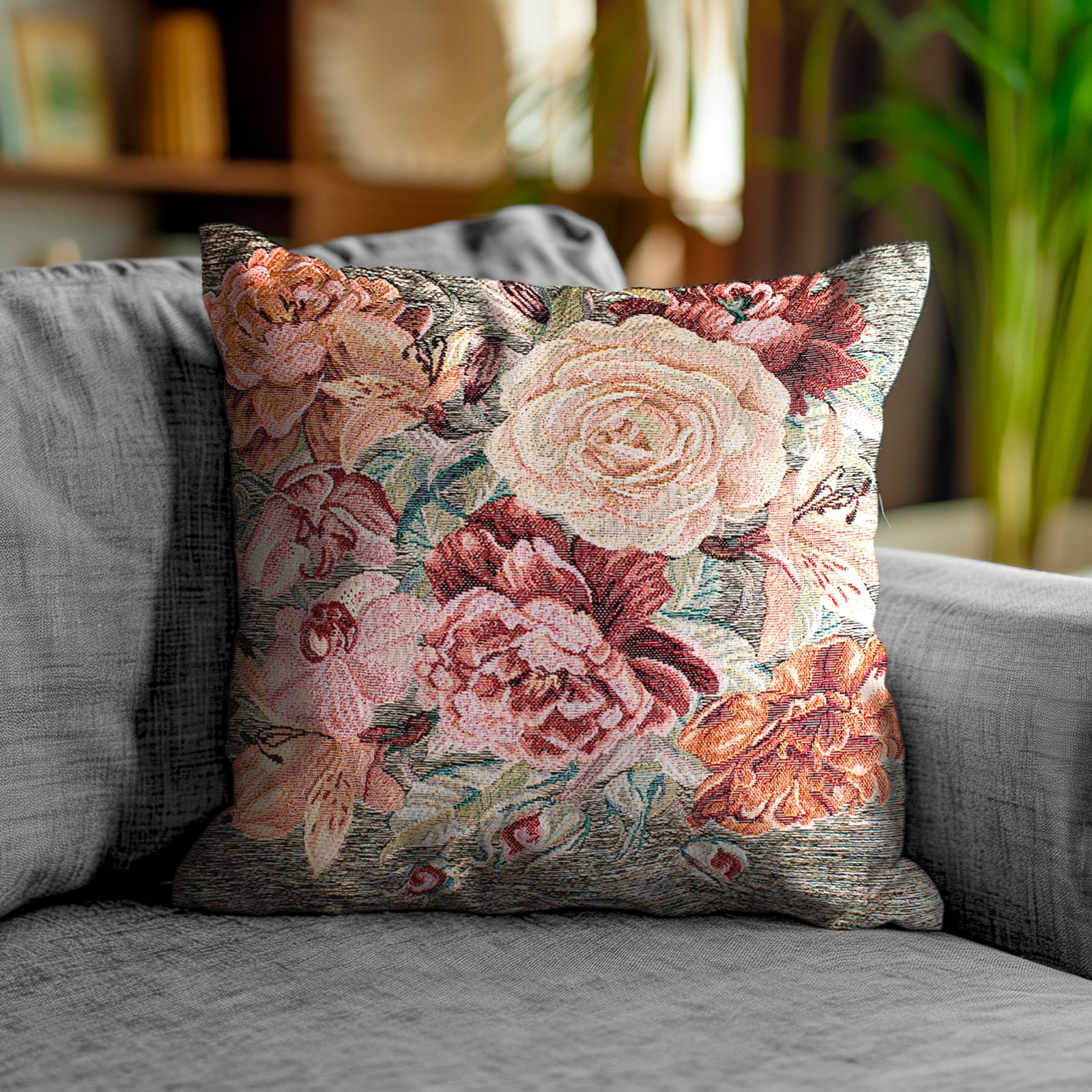 PAAR JACQUARD-DEKOKISSEN MIT ABNEHMBARER BEZUG 50X50 CM ROSEN ANTHRAZIT