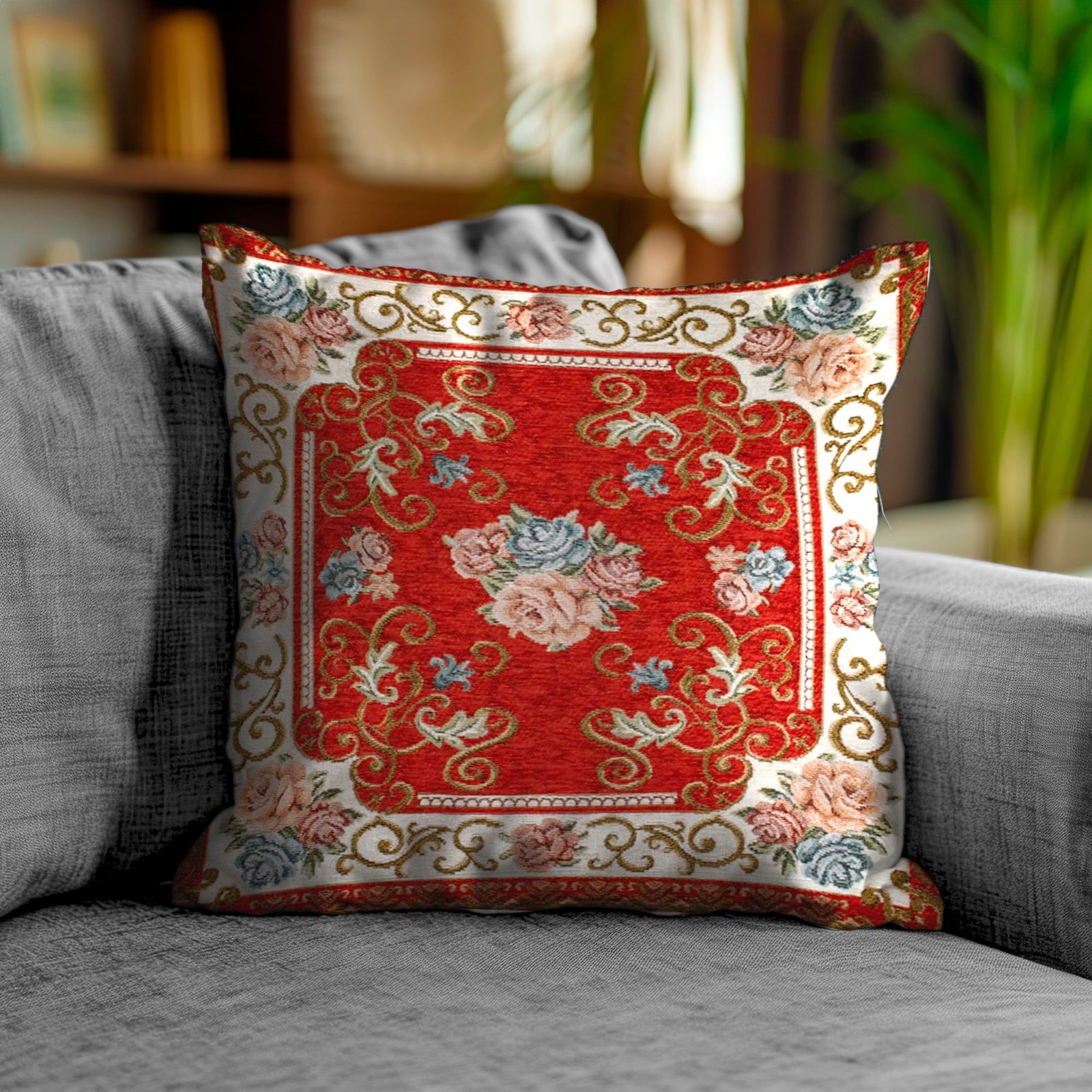 Cuscino decorativo con design floreale su sfondo rosso, perfetto per aggiungere eleganza agli ambienti.