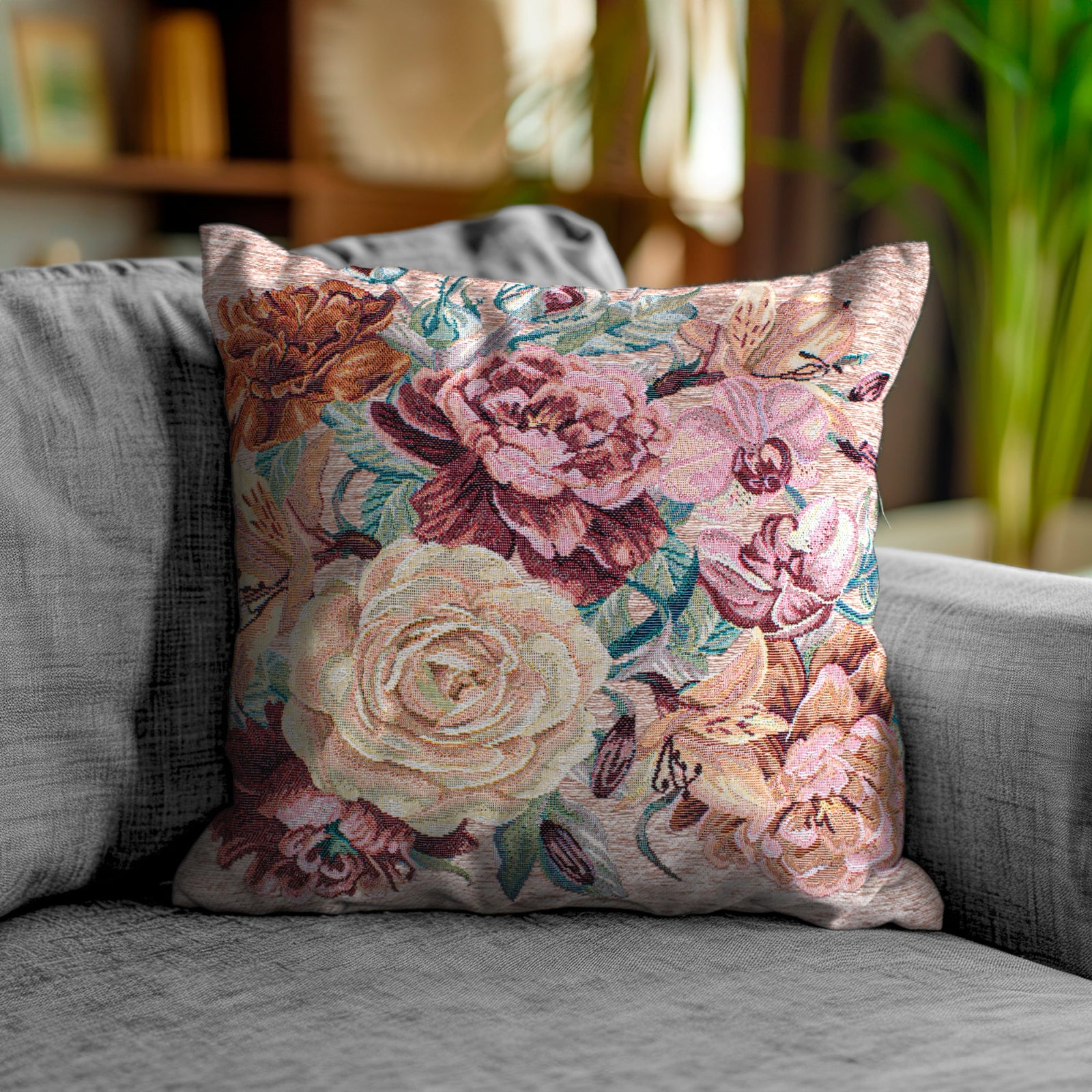 PAAR JACQUARD-DEKOKISSEN MIT ABNEHMBARER BEZUG 50X50 CM ROSEN PFLAUME