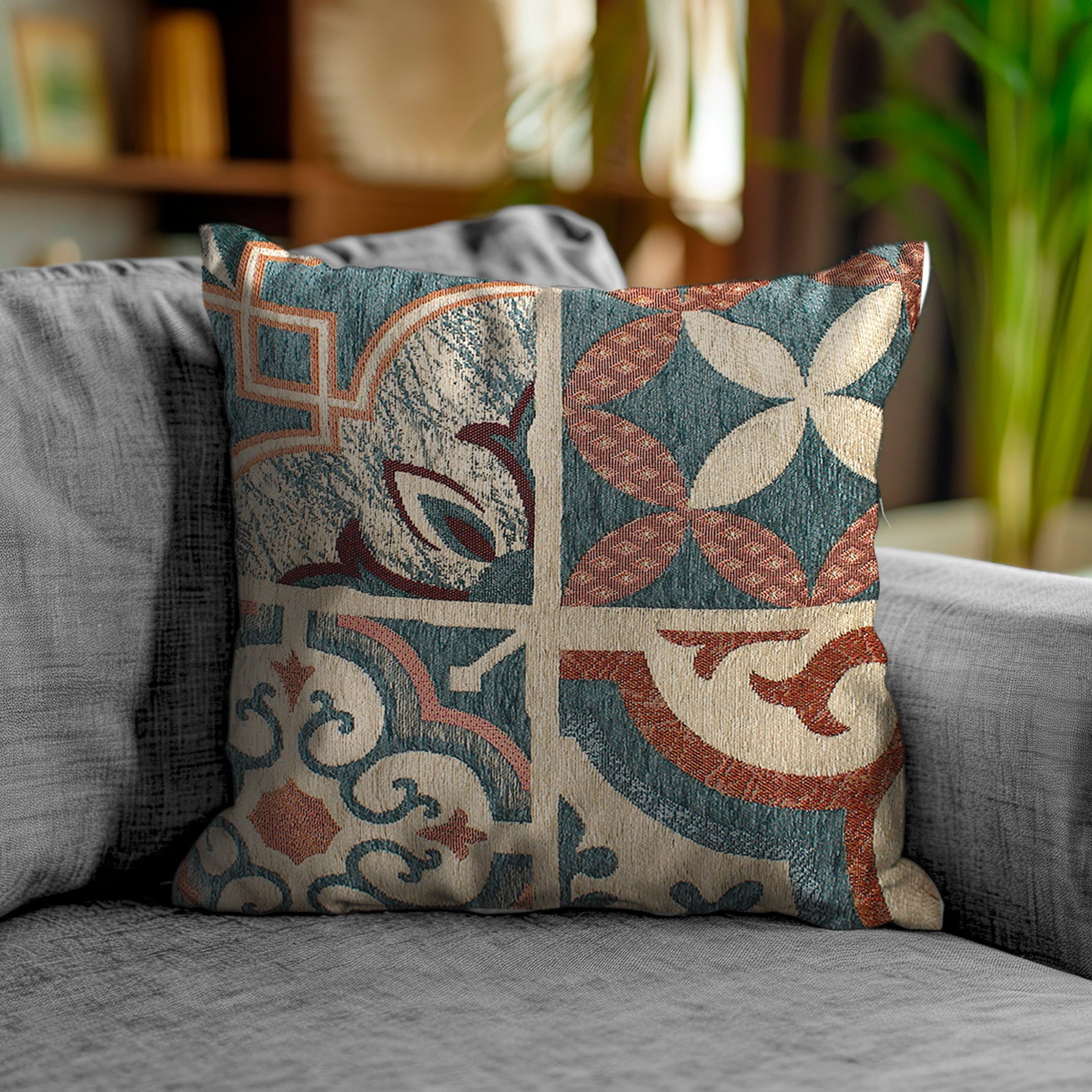 Decorative cushion with colorful jacquard pattern placed on a grey sofa in a stylish living room.