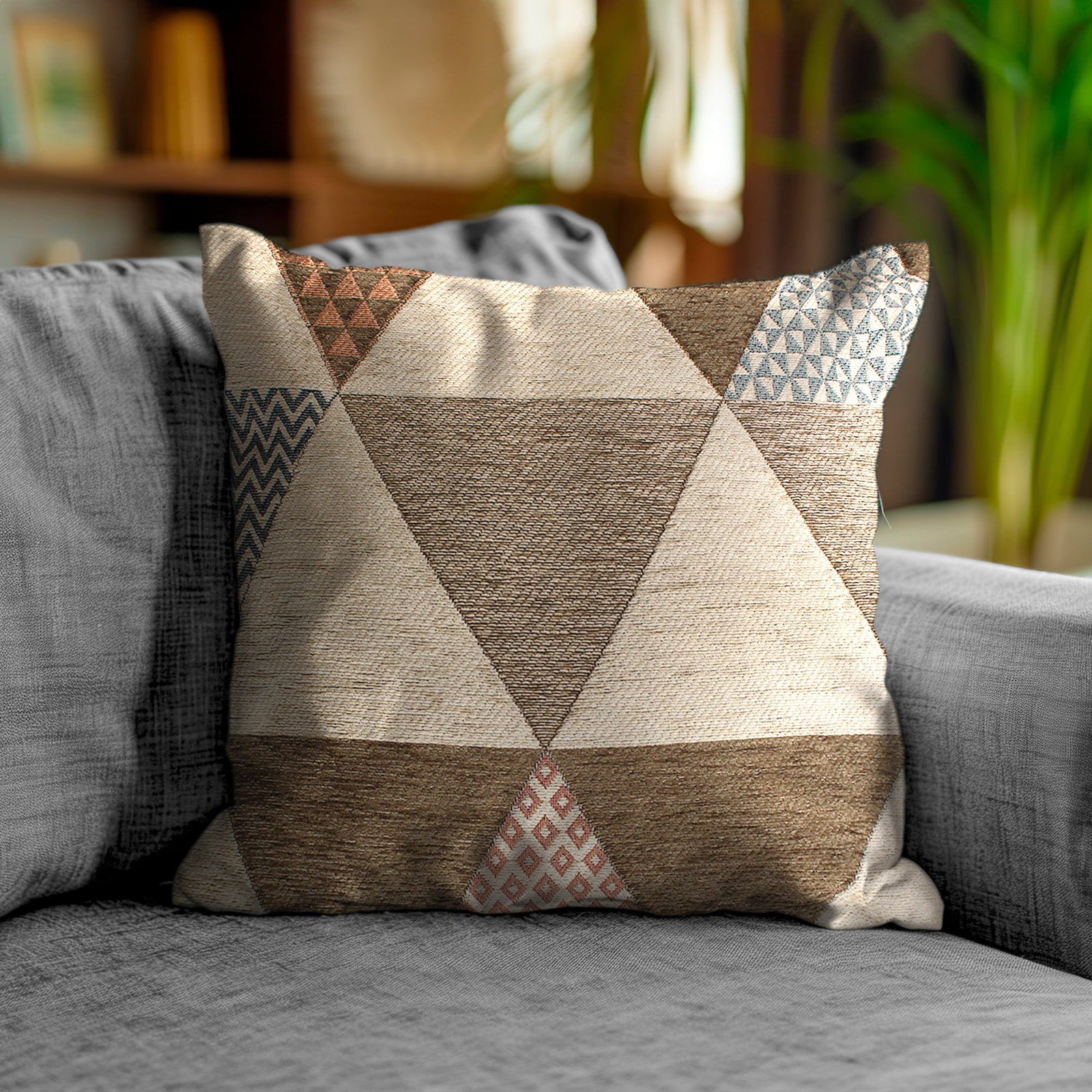 Decorative jacquard cushion with triangle patterns in warm gray colors, perfect for modern and classic home decor.
