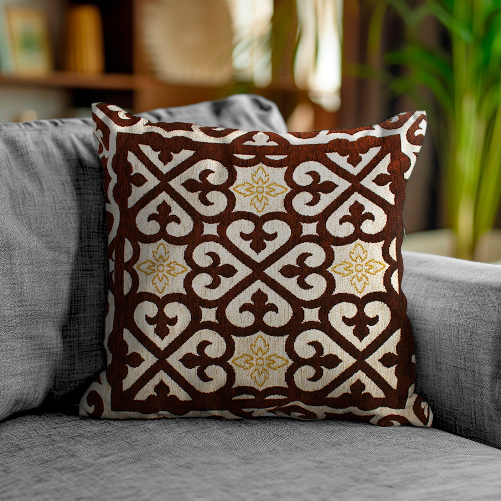 Jacquard decorative cushion in brown and cream patterns, ideal for home decor.