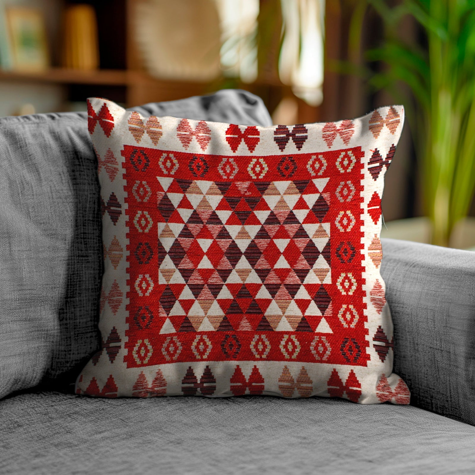 Decorative red Jacquard cushion with geometric patterns on a grey sofa, enhancing home interior style.