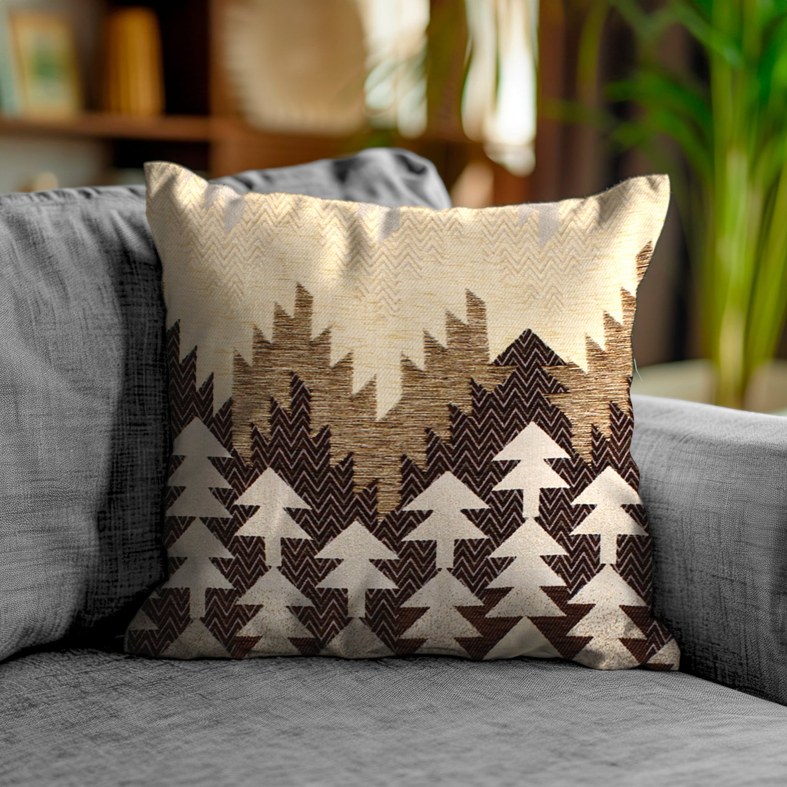 Decorative jacquard cushion with tree pattern on a grey couch, 50x50 cm, perfect for living spaces.