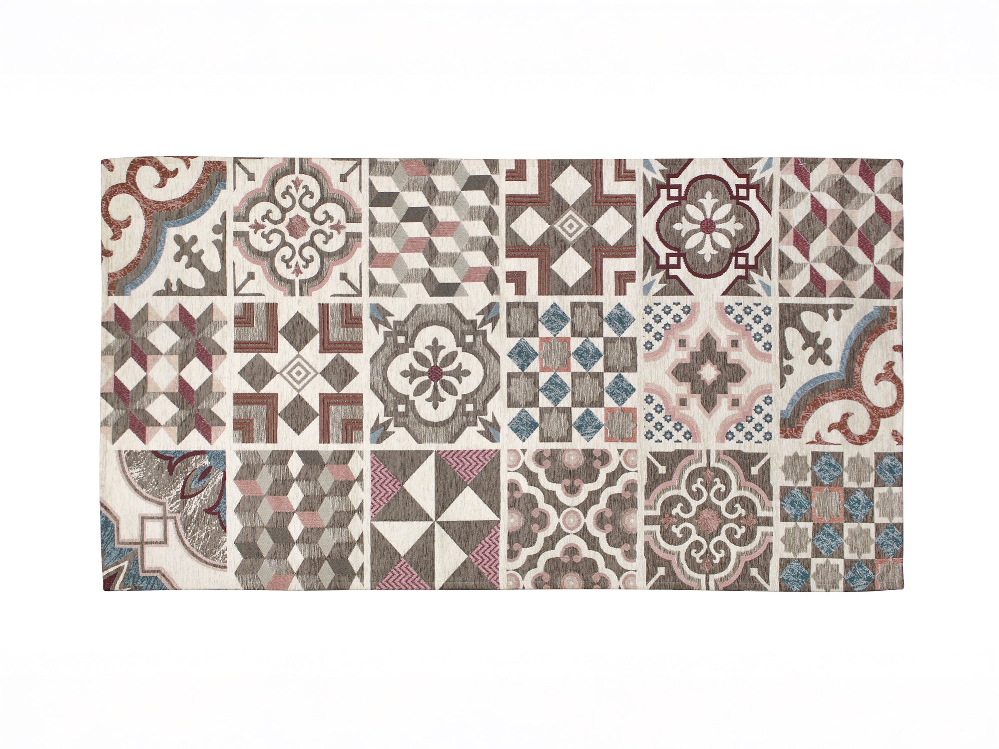 Tappeto moderno con design a maioliche, colori grigi e caldi, antiscivolo, 80x150 cm.