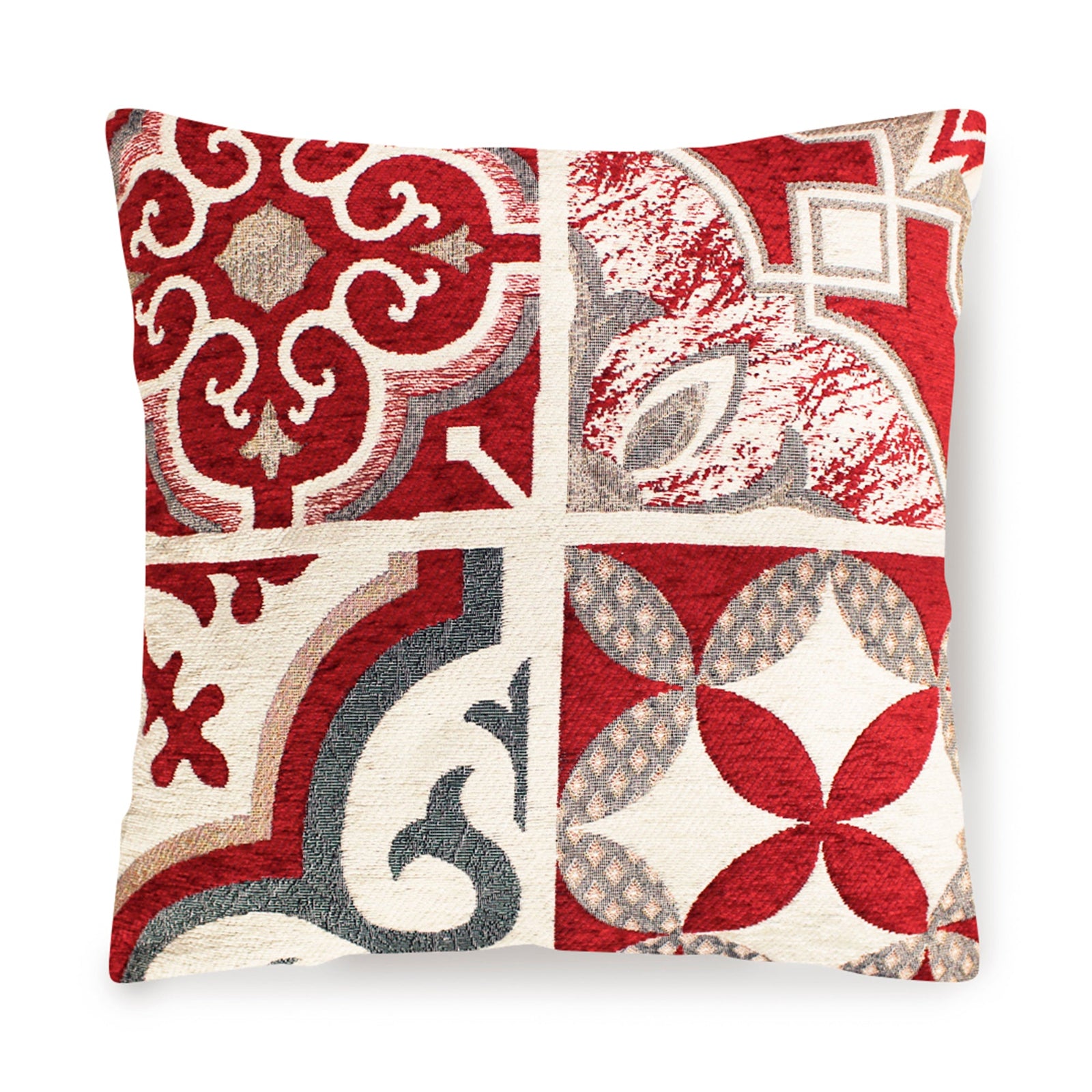 Decorative red and white jacquard throw pillow with intricate patterns, 50x50 cm, perfect for home decor.