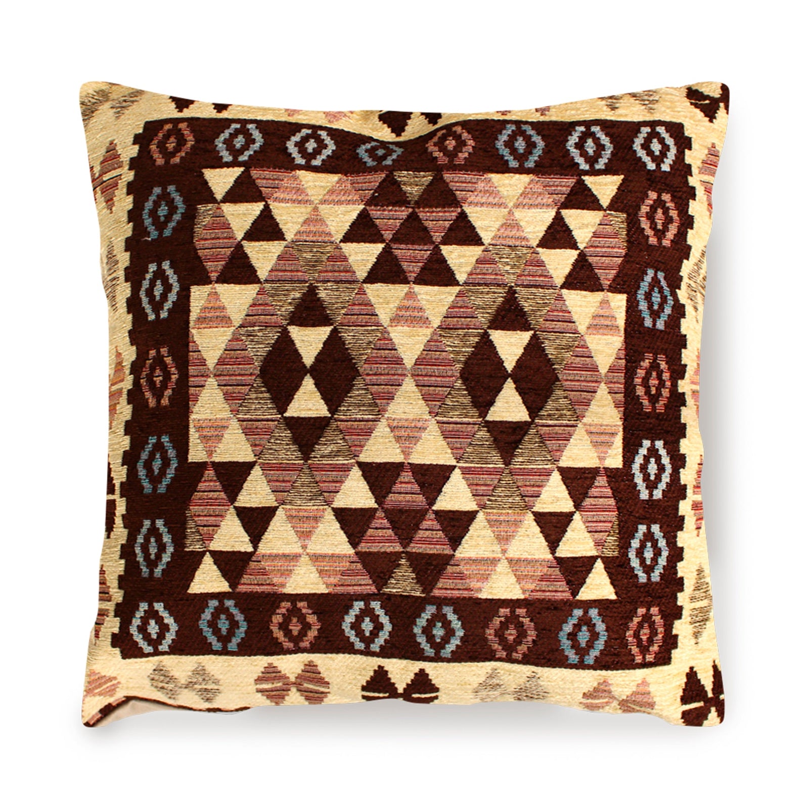 Cuscino decorativo in jacquard con motivo geometrico in tonalità marrone, beige e blu, dimensioni 50x50 cm.