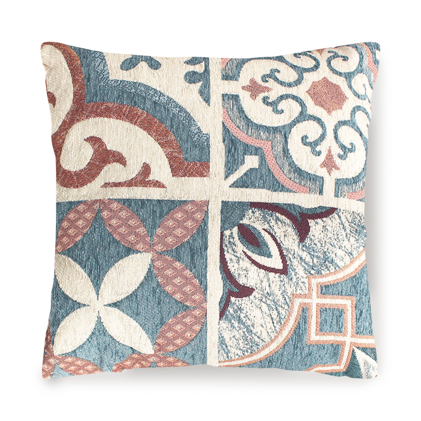Decorative square pillow with blue and cream geometric jacquard patterns for home decor.