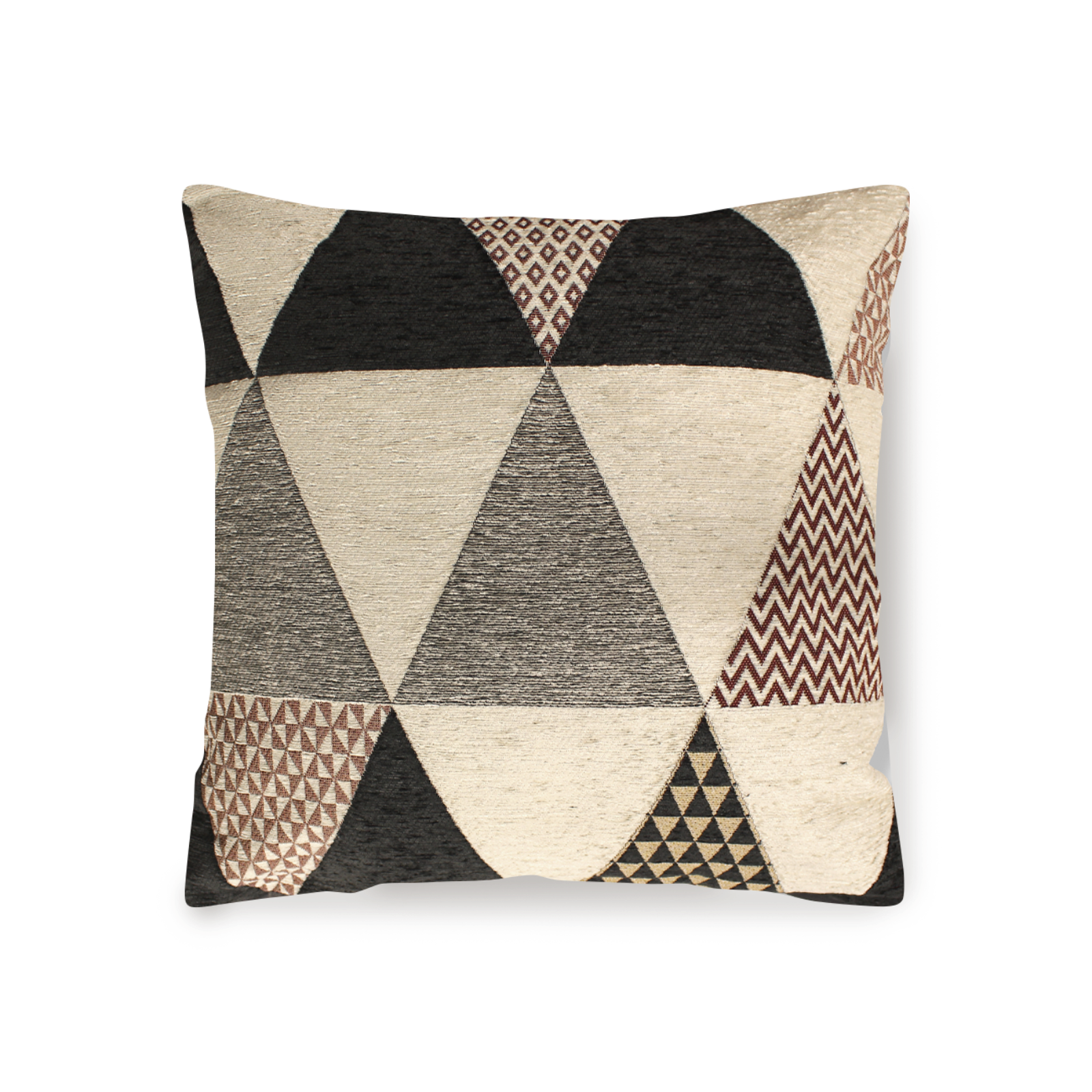 Cuscino arredo sfoderabile con design geometrico a triangoli in tonalità antracite e beige, dimensioni 50x50 cm.