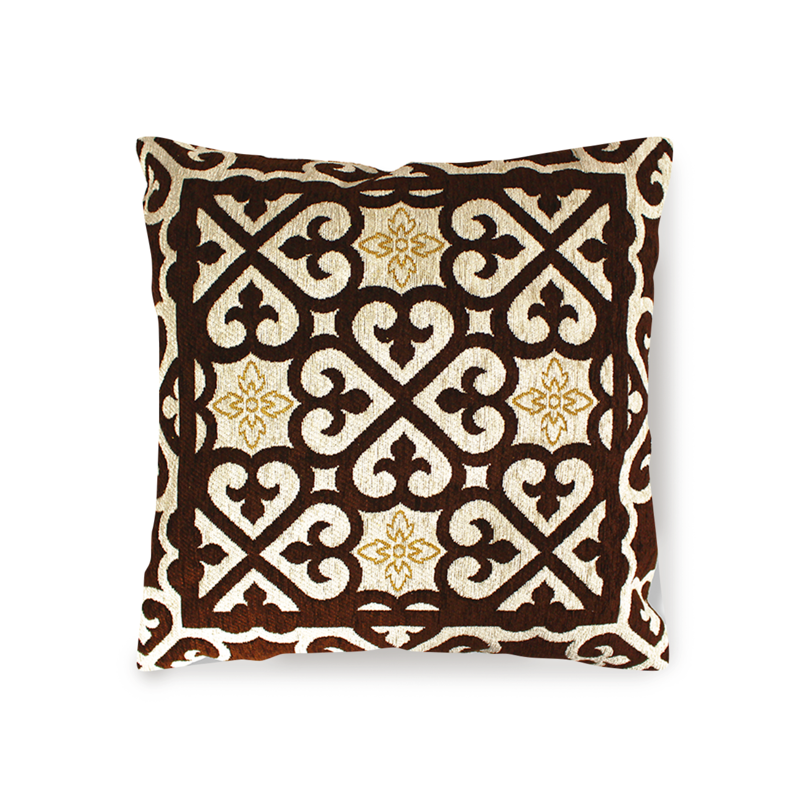 Decorative jacquard cushion 50x50 cm in deep brown and cream with intricate design, ideal for home decor.