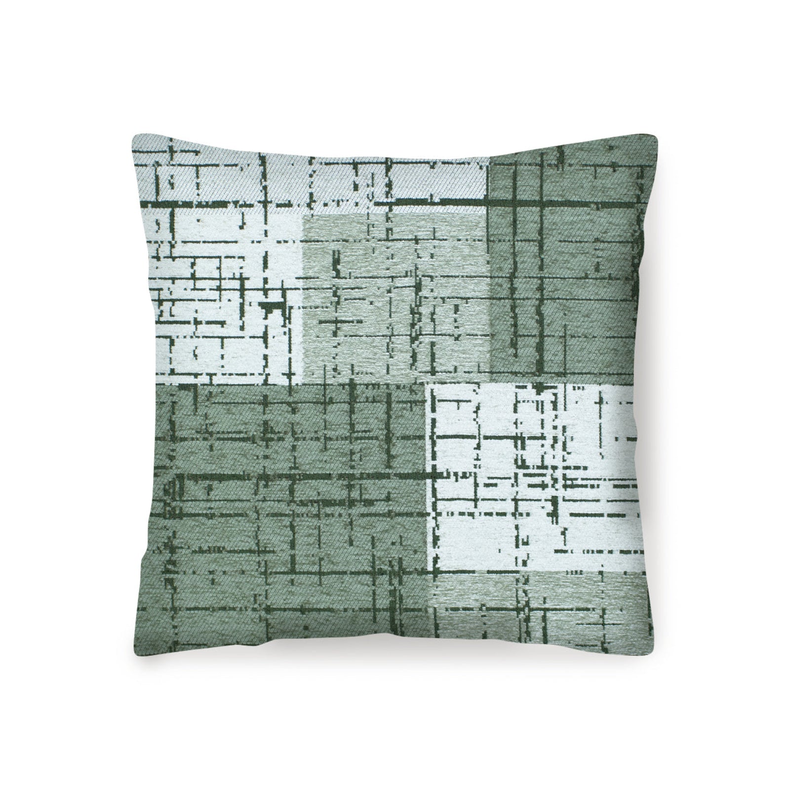 Decorative 50x50 cm cushion in Jacquard fabric with a Mondrian-inspired green and ash pattern, ideal for home decor.
