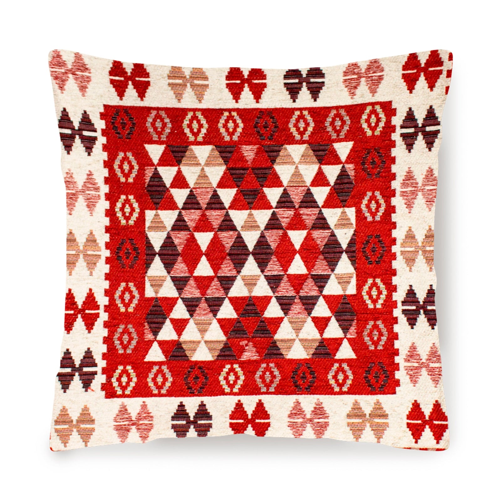Cuscino in jacquard rosso e beige, design geometrico, sfoderabile, 50x50 cm, per arredare interni moderni e classici.