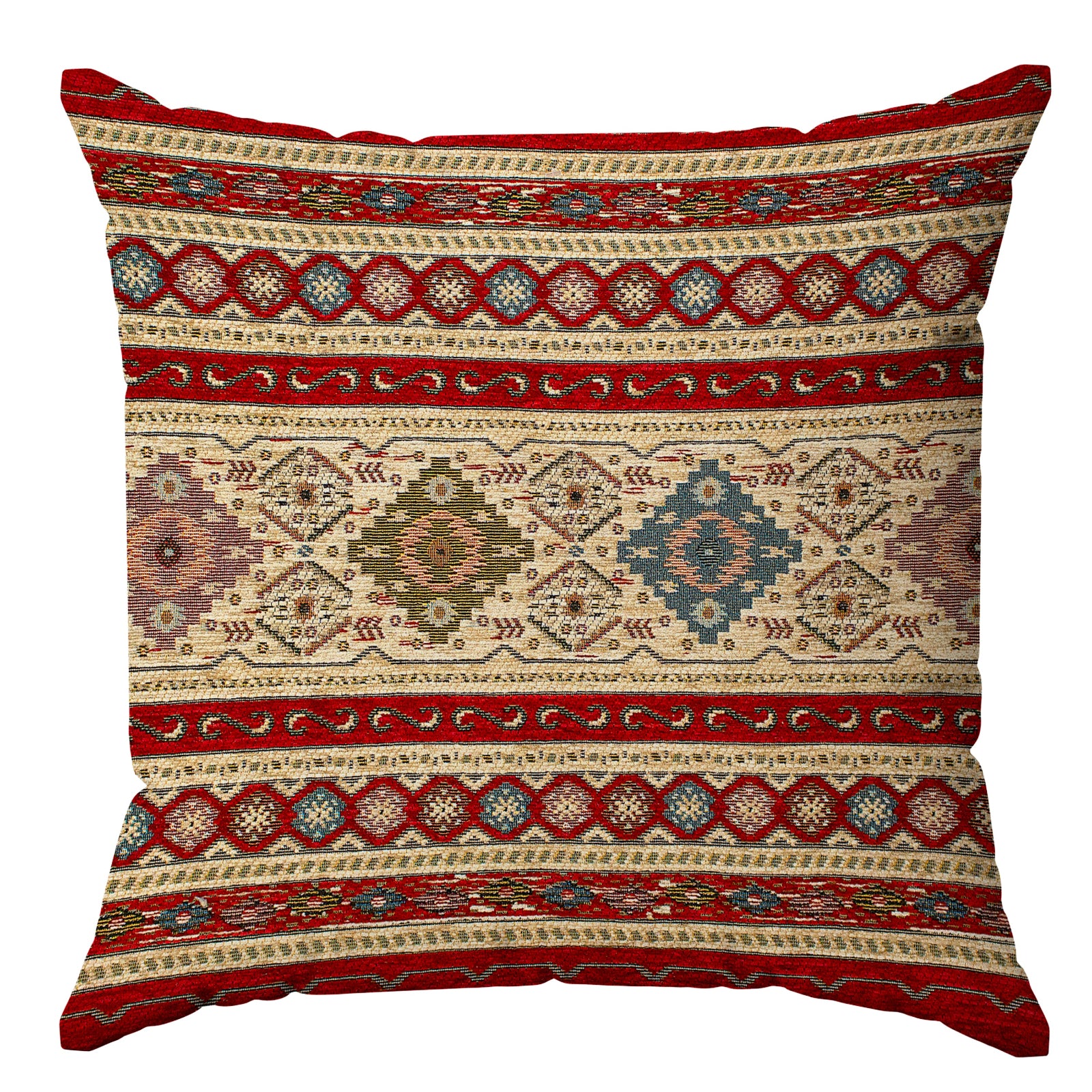 Decorative Jacquard cushion cover with red and intricate geometric patterns, ideal for home decor.