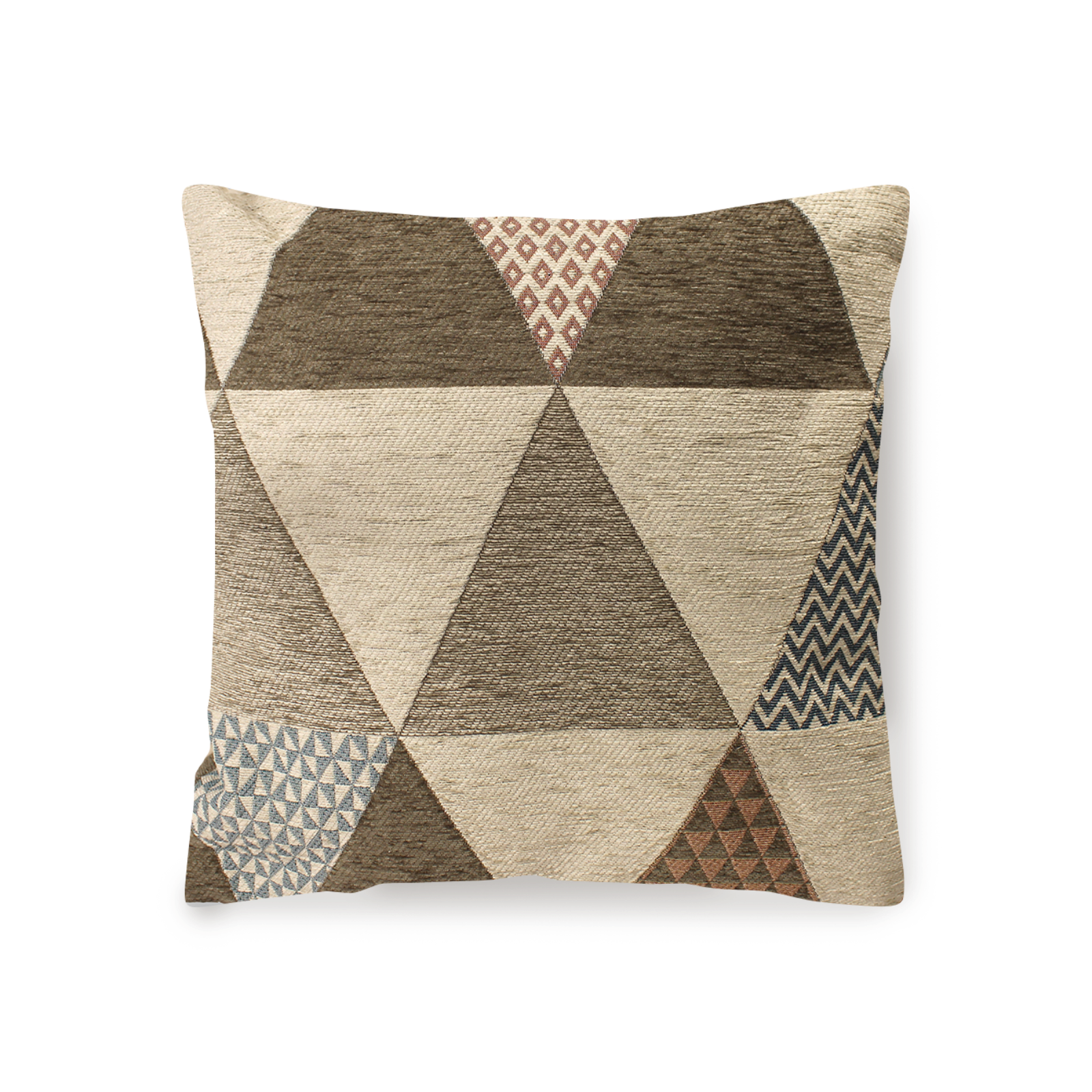 Cuscino arredo sfoderabile in jacquard con motivi geometrici triangolari nei toni grigio caldo, 50x50 cm.