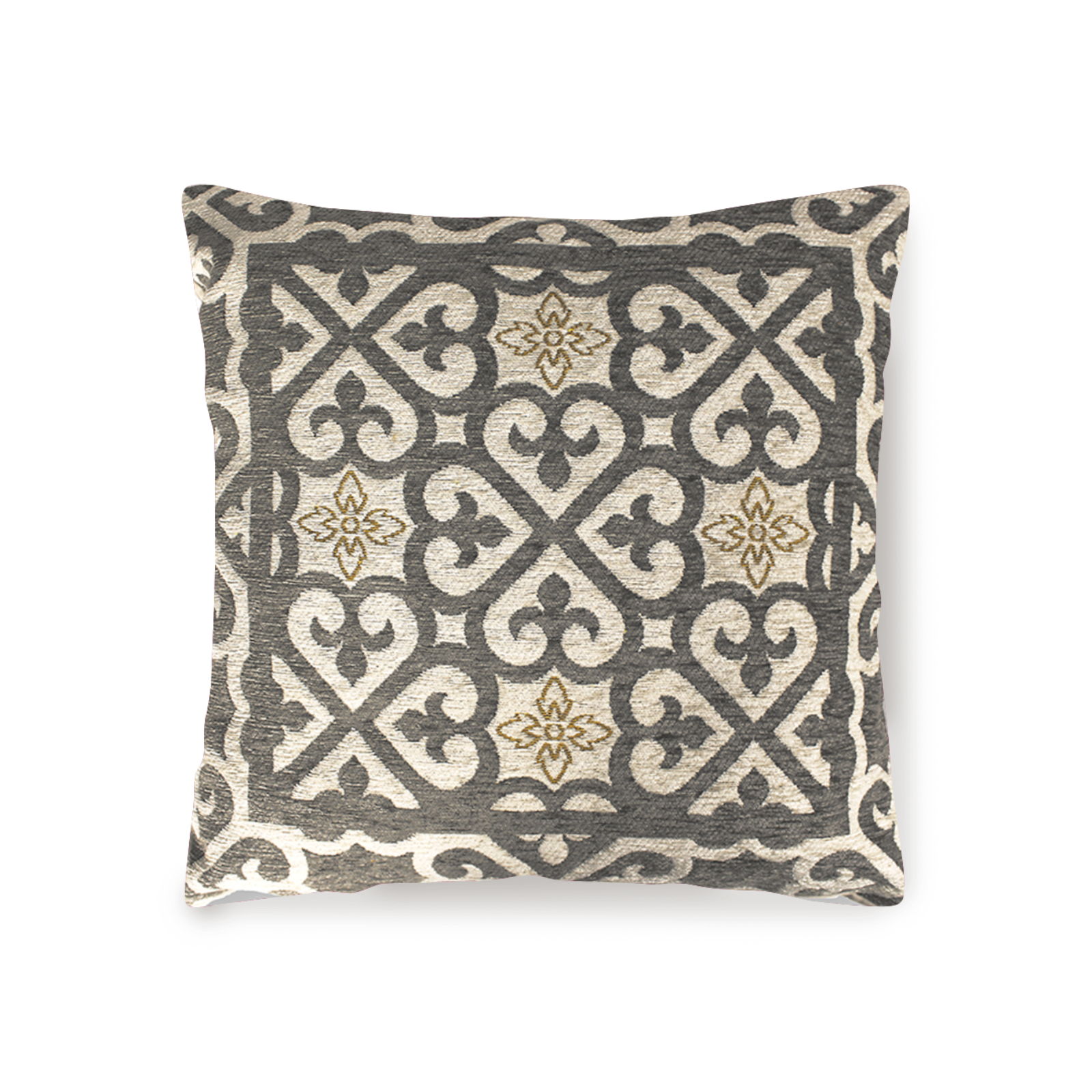 Decorative 50x50 cm cushion in warm gray with jacquard pattern, ideal for modern and classic interiors.