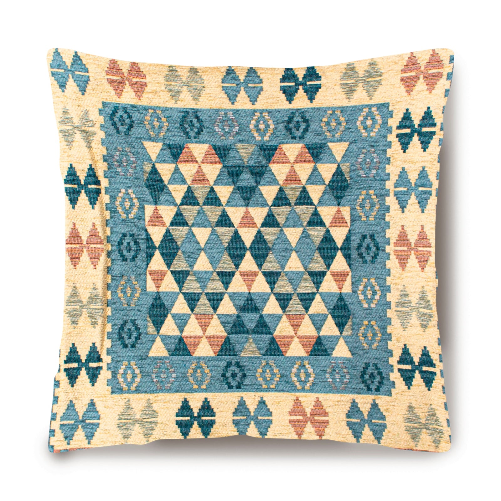 Decorative square pillow in blue and beige kilim pattern, featuring geometric shapes and vibrant colors.