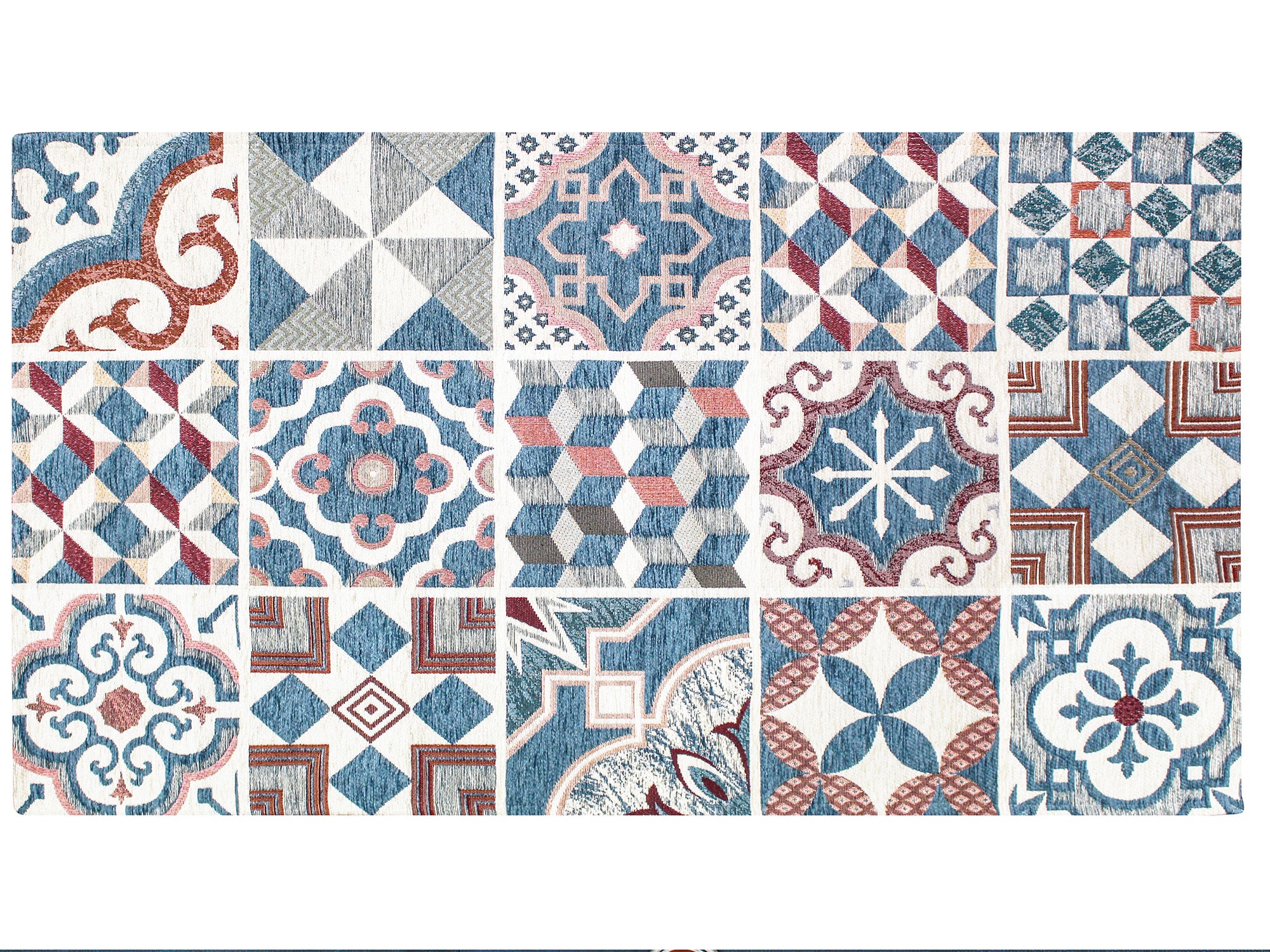 Tappeto moderno in stile maioliche azzurro, con motivi geometrici e colori vivaci, dimensioni 115x175 cm.